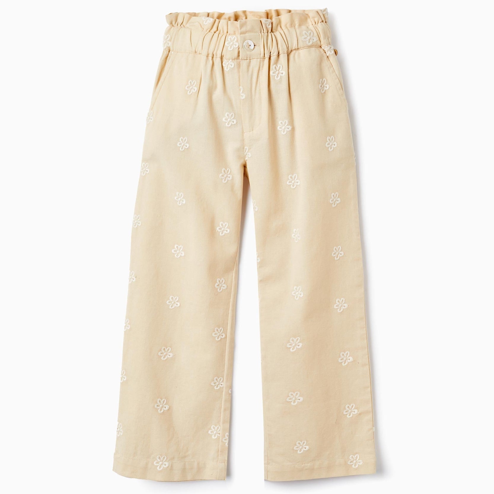 Trousers in Cotton and Linen Blend with Embroidered Flowers for Girls, Beige