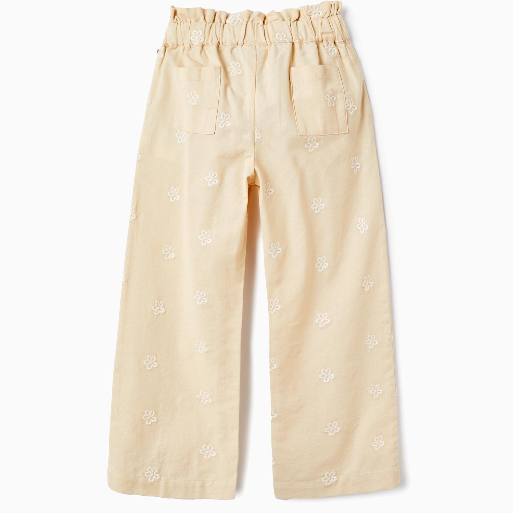 Trousers in Cotton and Linen Blend with Embroidered Flowers for Girls, Beige