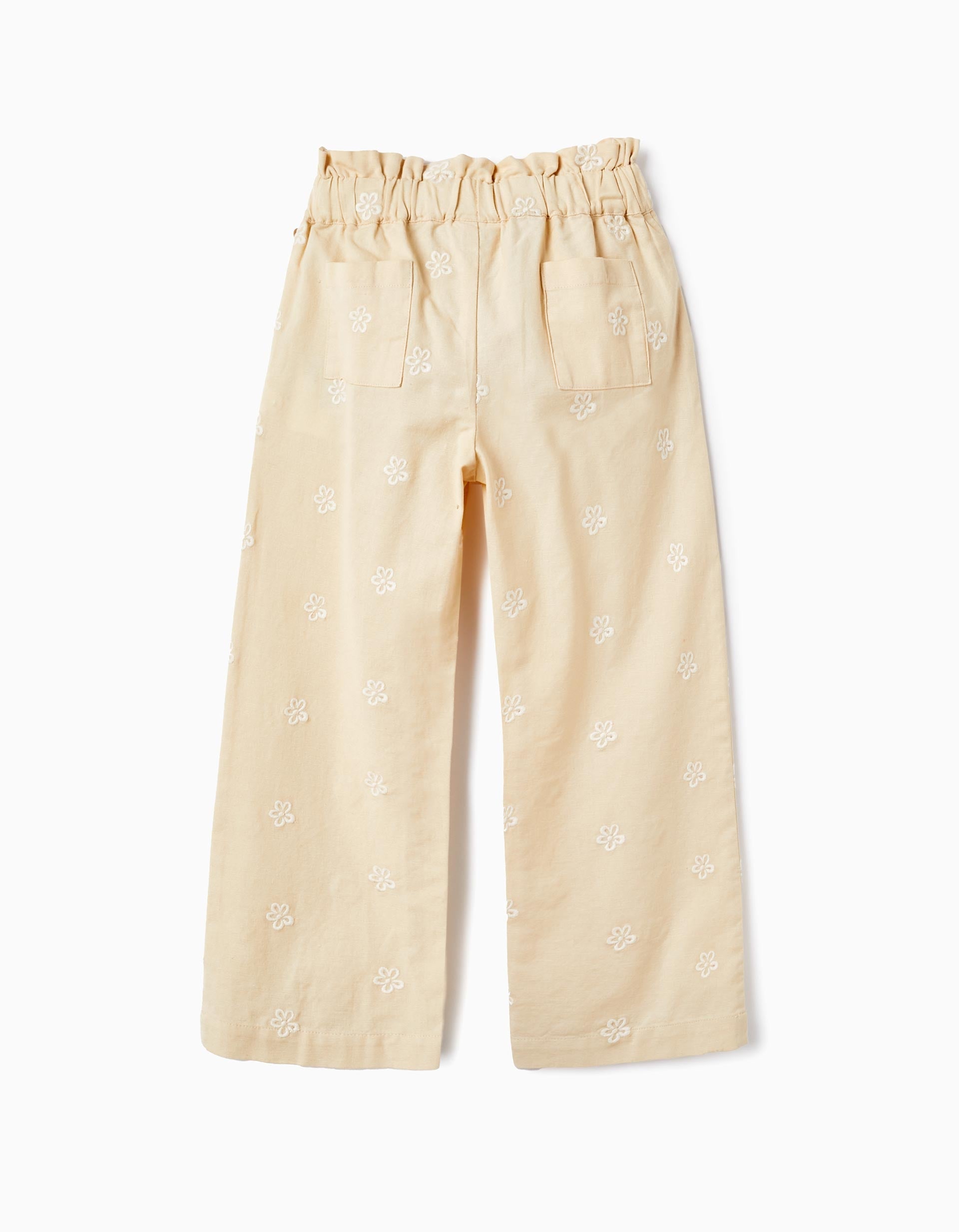 Trousers in Cotton and Linen Blend with Embroidered Flowers for Girls, Beige