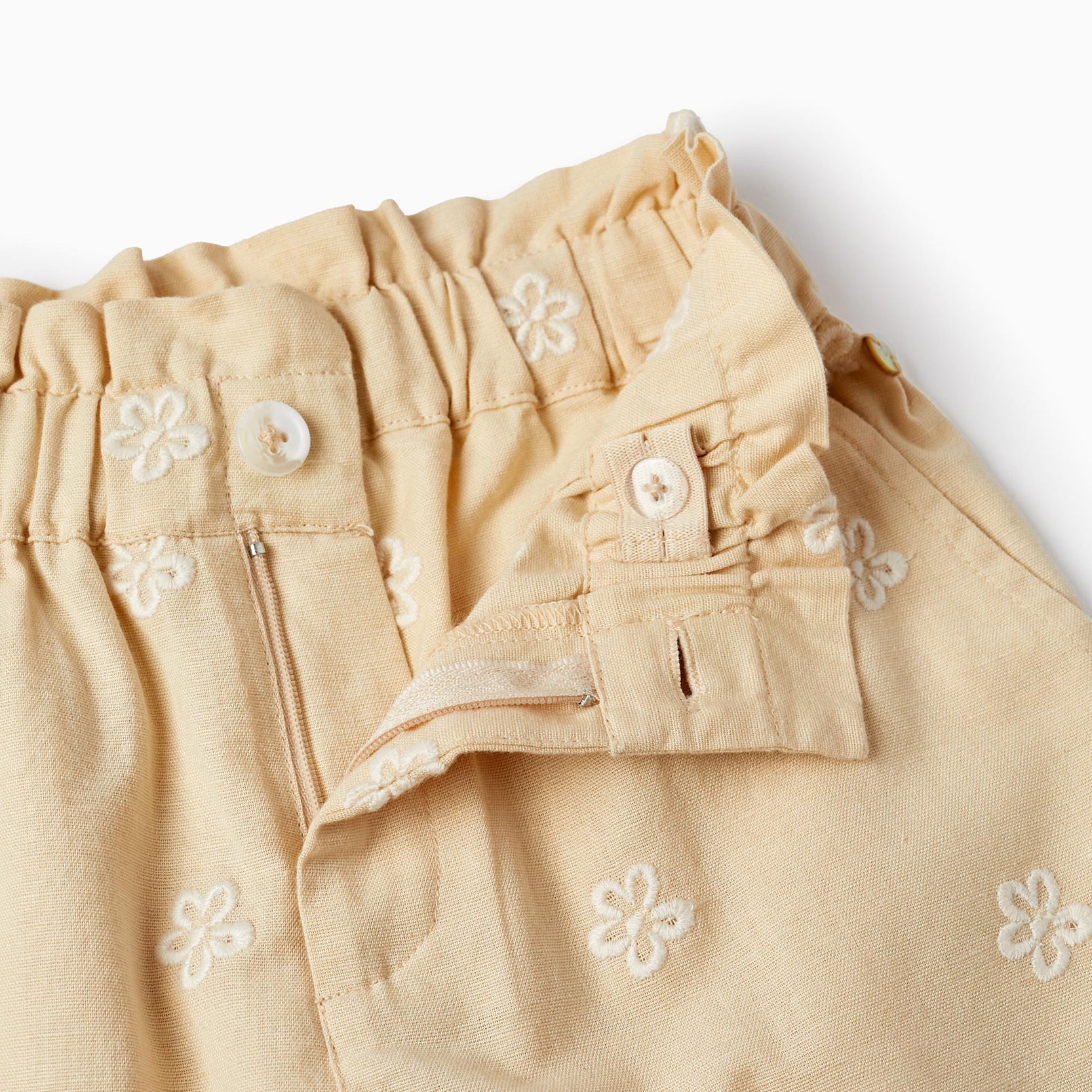 Trousers in Cotton and Linen Blend with Embroidered Flowers for Girls, Beige