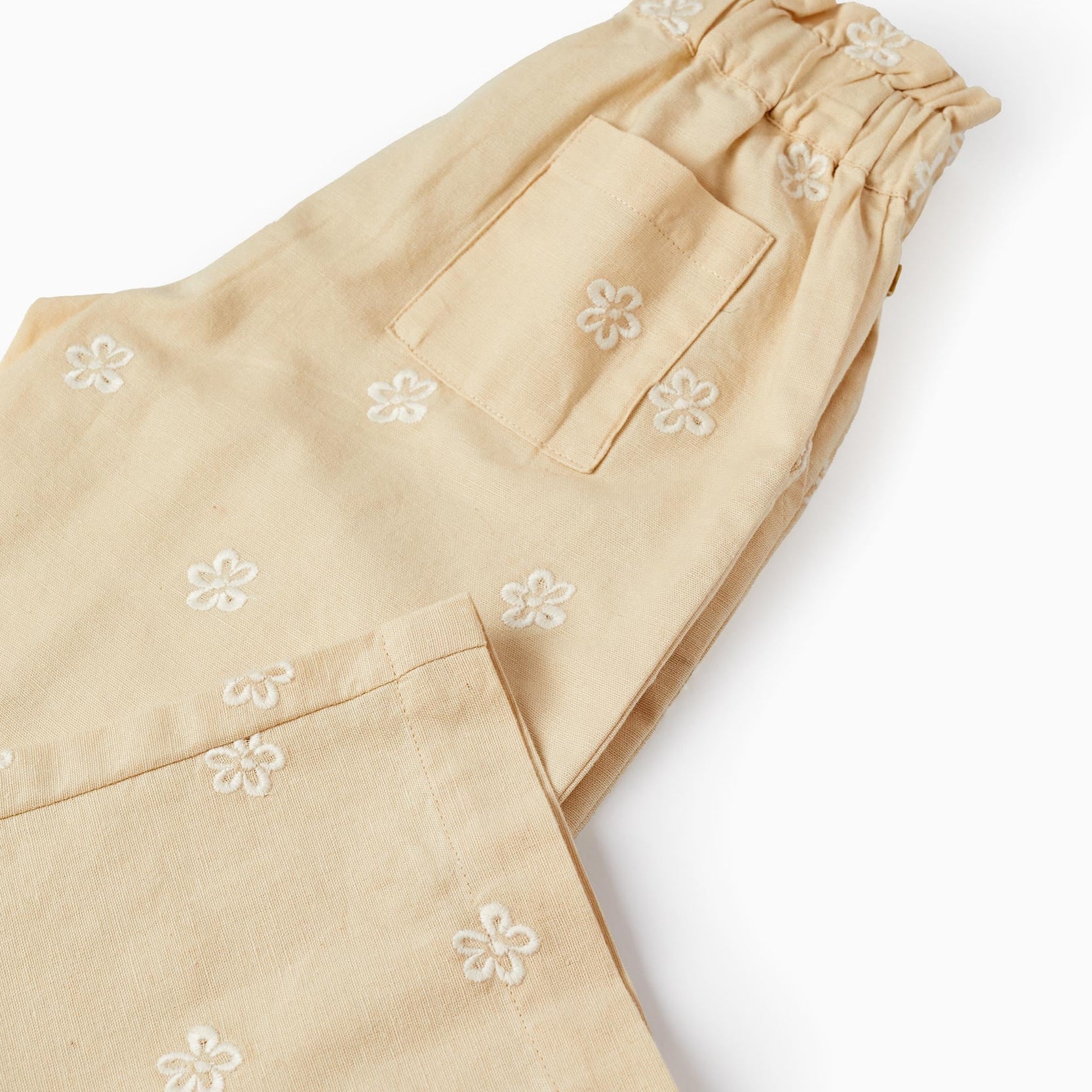 Trousers in Cotton and Linen Blend with Embroidered Flowers for Girls, Beige