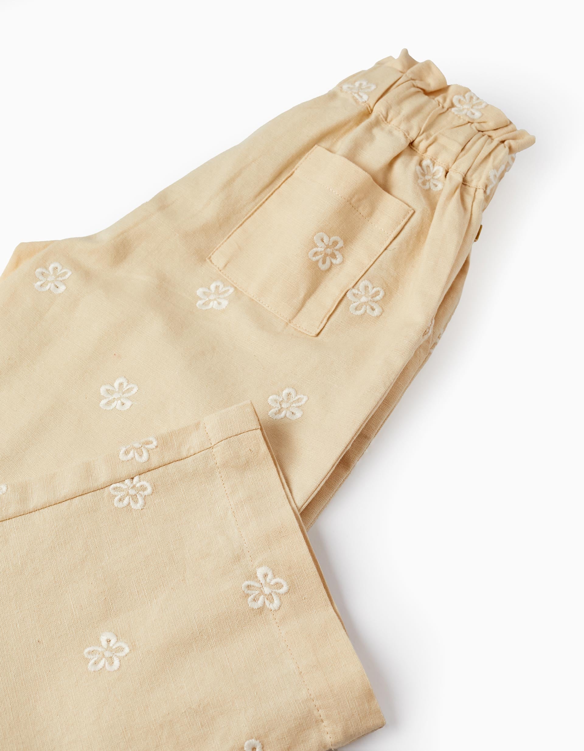 Trousers in Cotton and Linen Blend with Embroidered Flowers for Girls, Beige