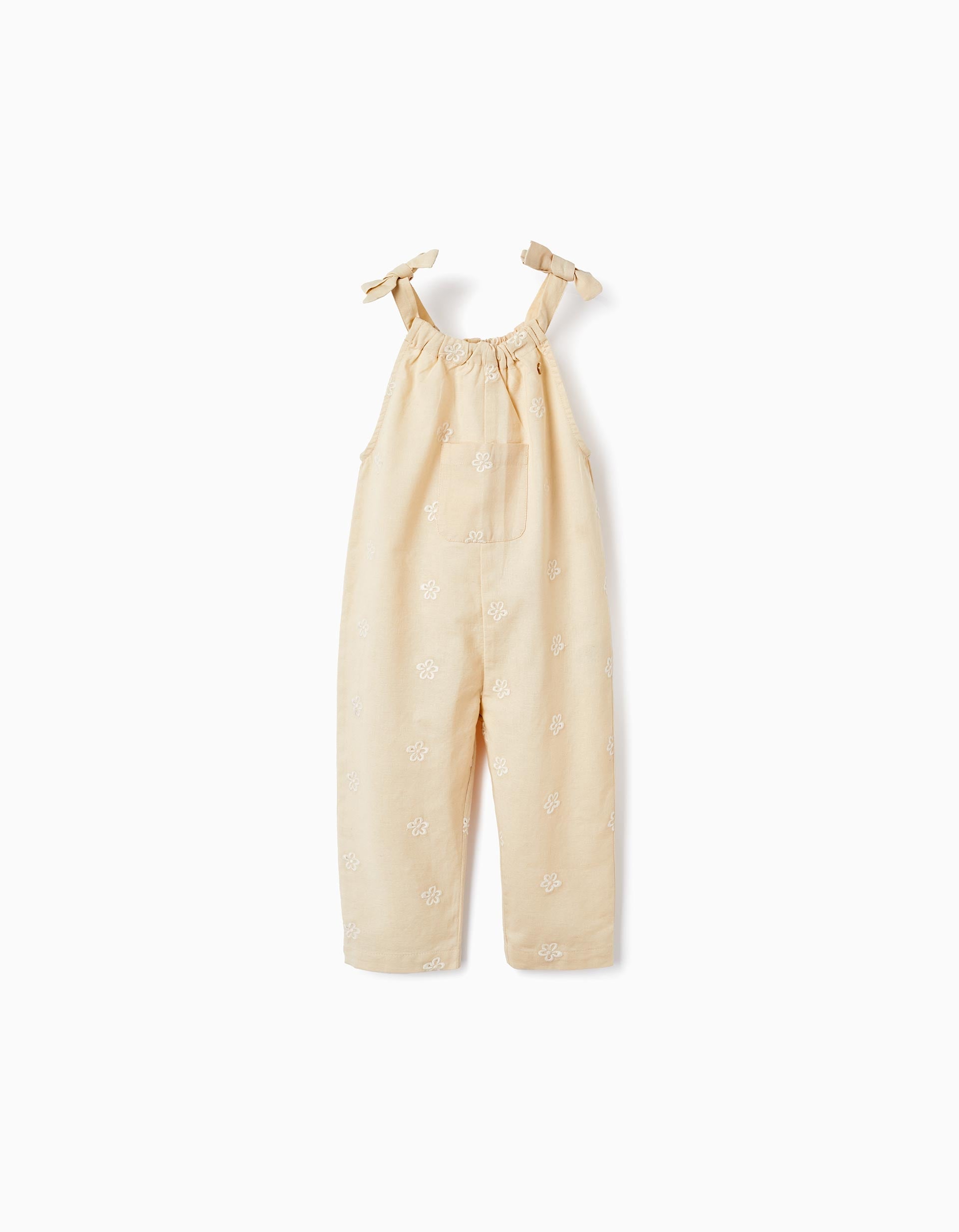 Jumpsuit in Cotton and Linen with Embroidered Flowers for Baby Girls, Beige