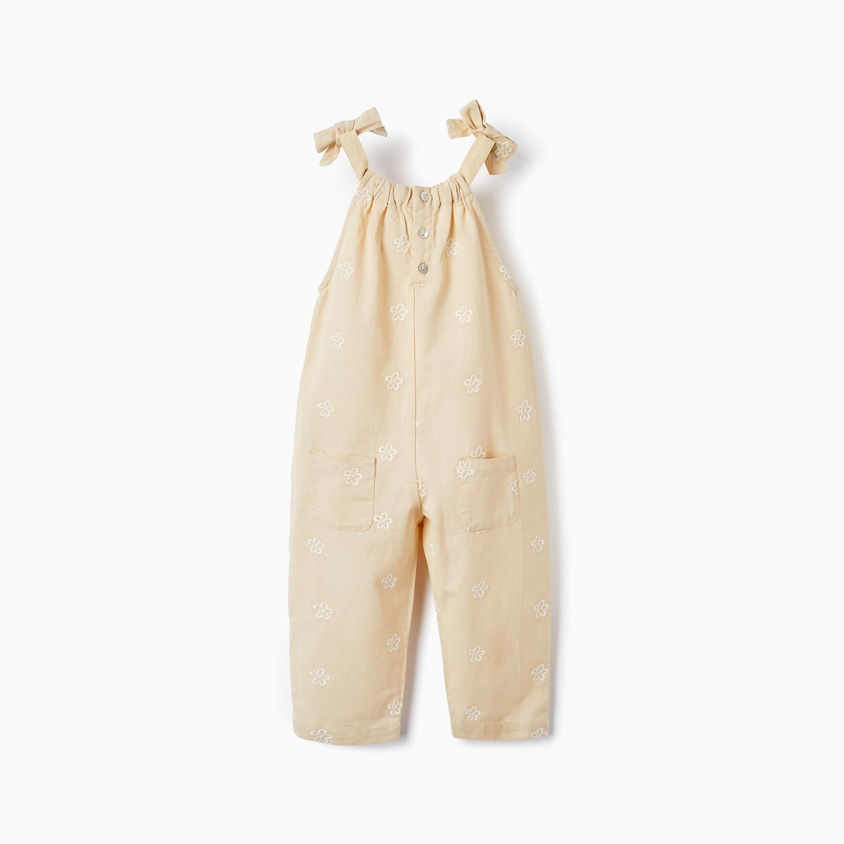 Jumpsuit in Cotton and Linen with Embroidered Flowers for Baby Girls, Beige