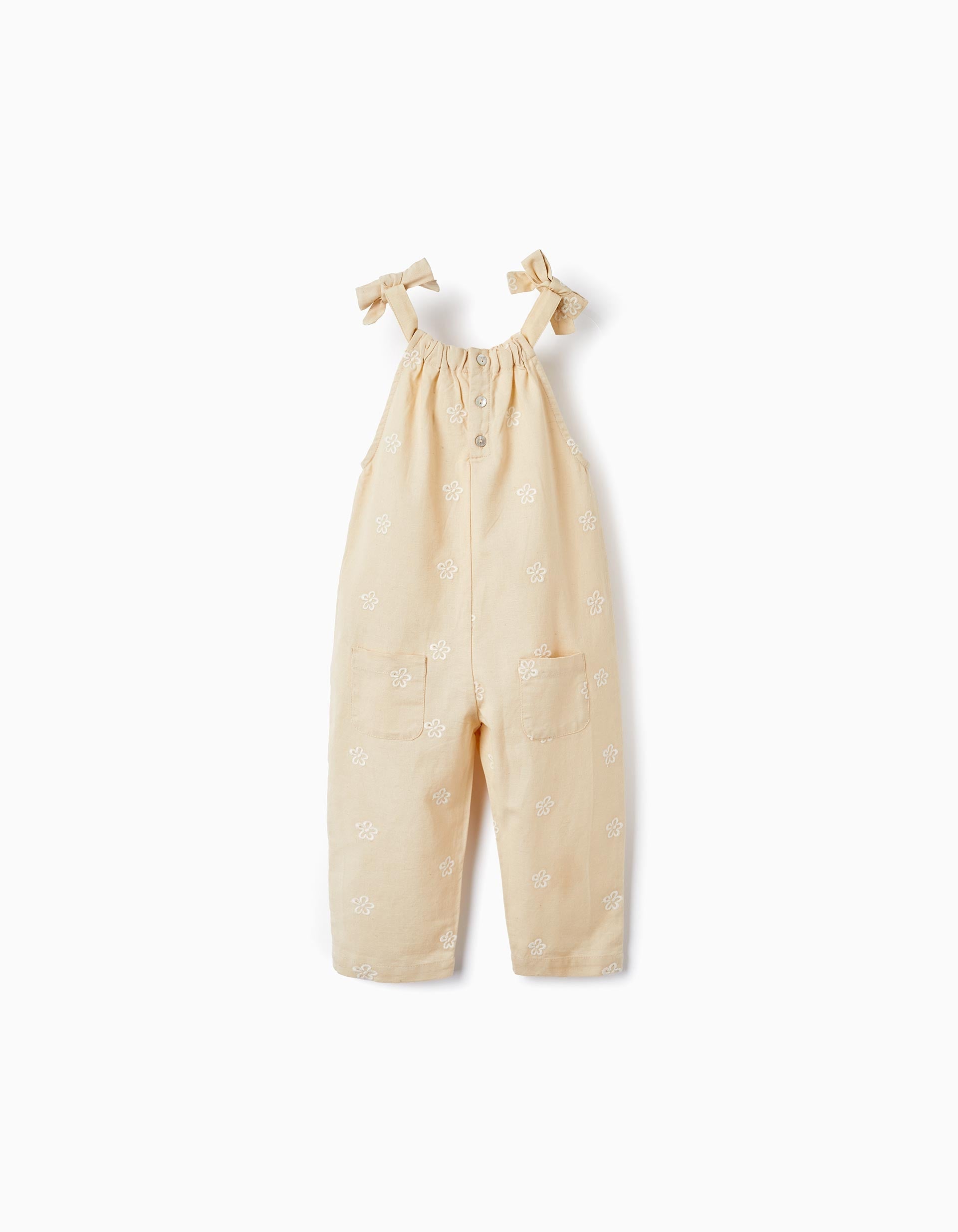 Jumpsuit in Cotton and Linen with Embroidered Flowers for Baby Girls, Beige