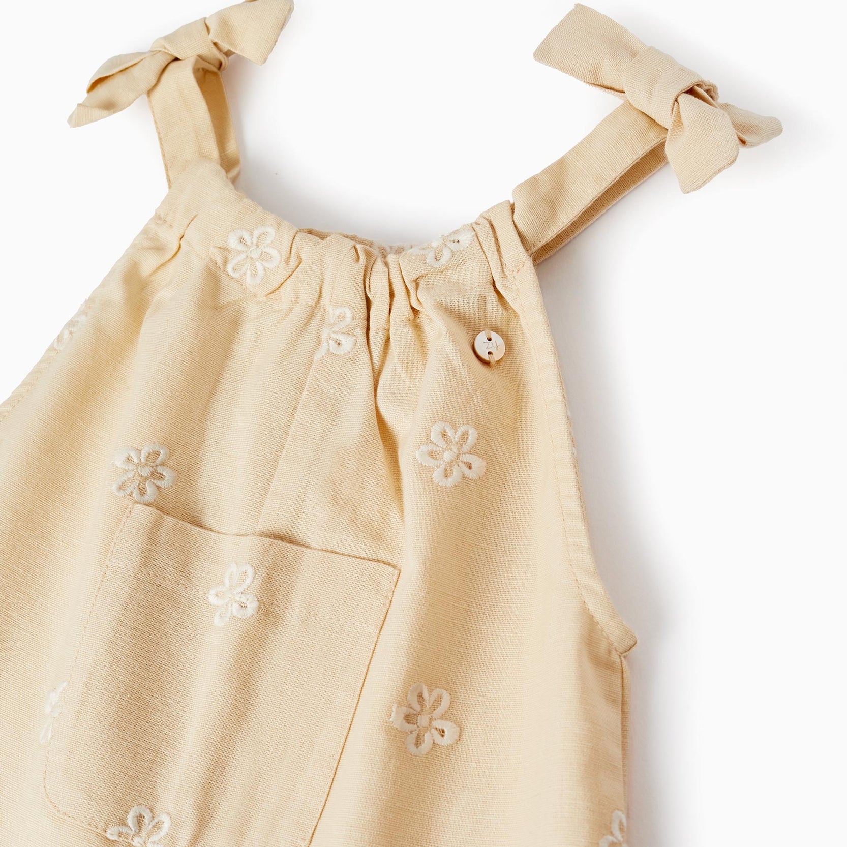 Jumpsuit in Cotton and Linen with Embroidered Flowers for Baby Girls, Beige