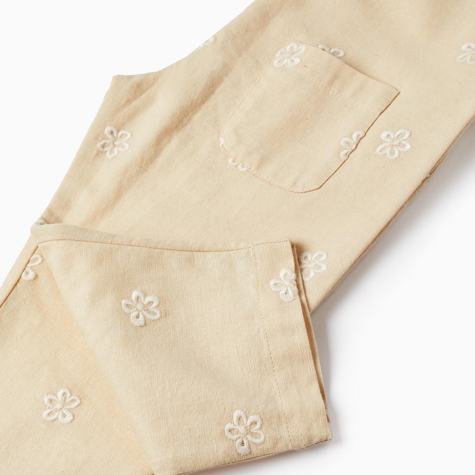 Jumpsuit in Cotton and Linen with Embroidered Flowers for Baby Girls, Beige