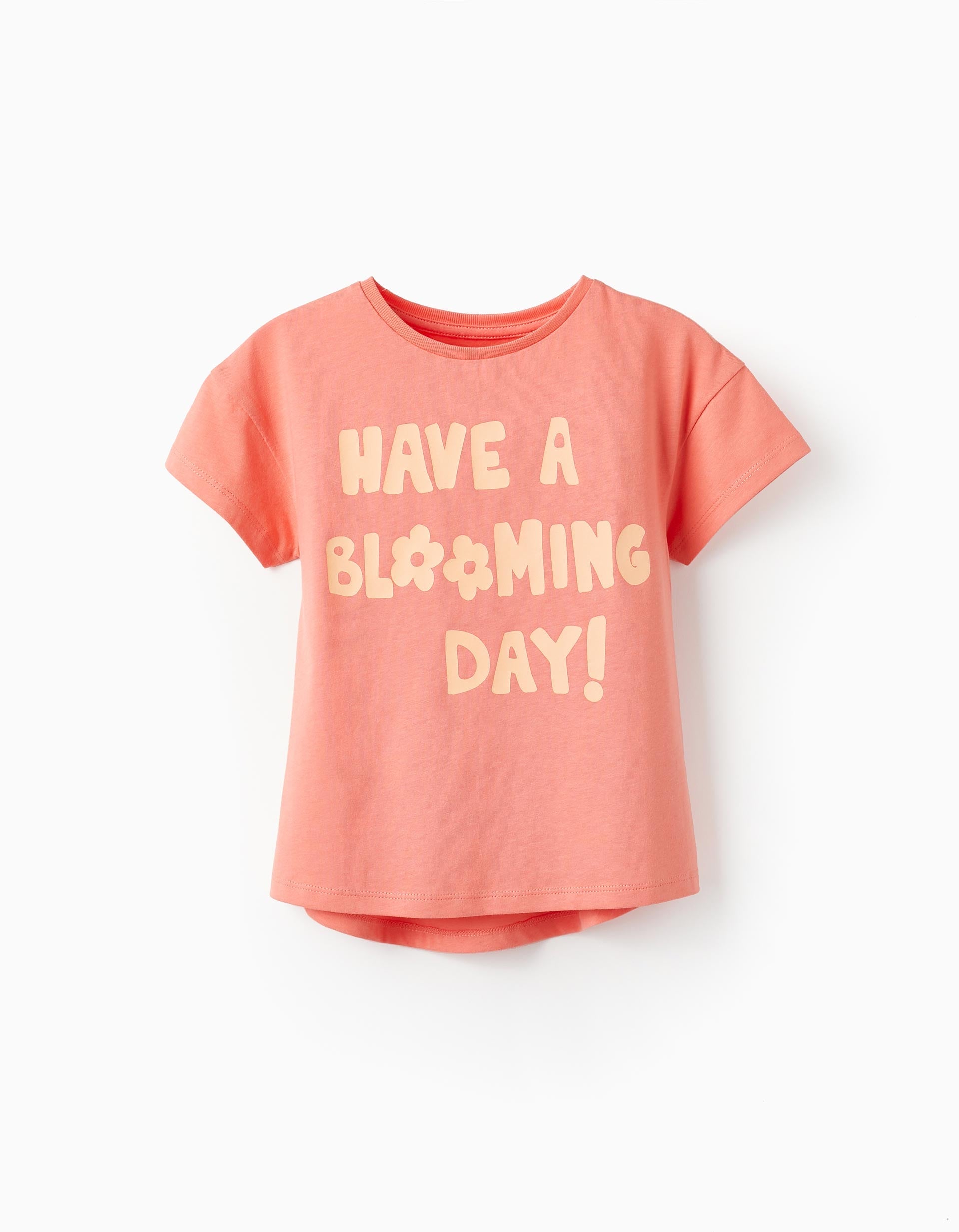 Cotton T-Shirt for Girls 'Have a Blooming Day!', Coral