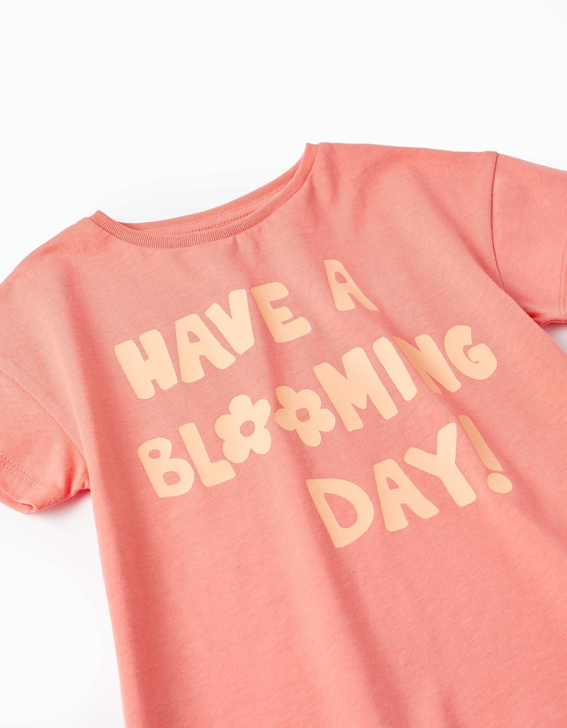 Cotton T-Shirt for Girls 'Have a Blooming Day!', Coral