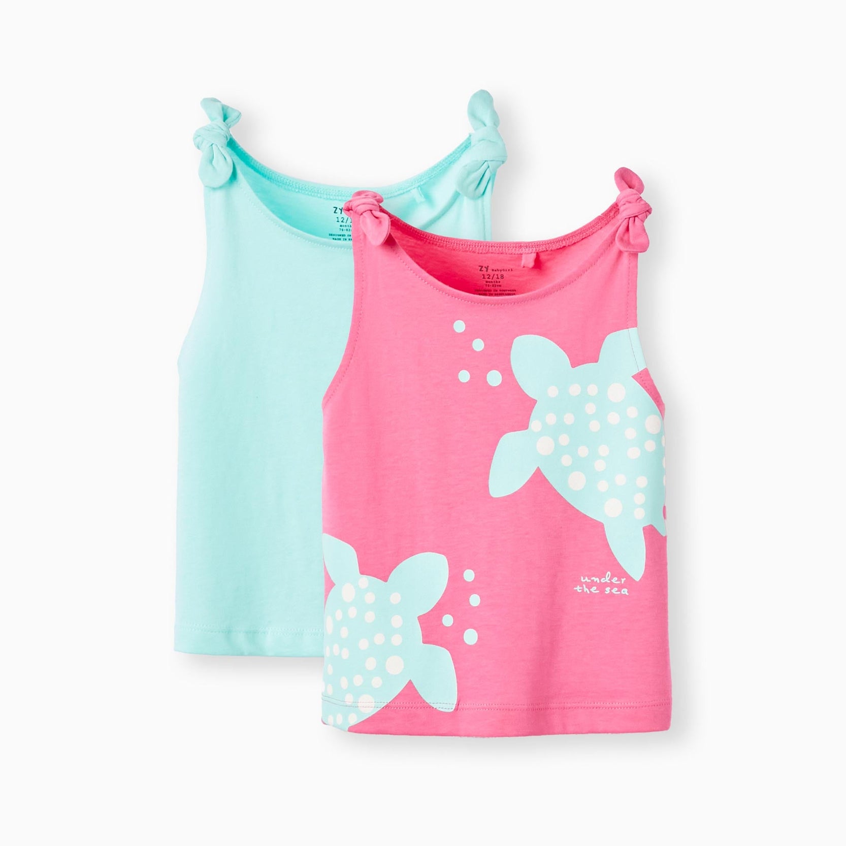 Pack of 2 Cotton Tops for Baby Girls 'Turtle', Pink/Aqua Green