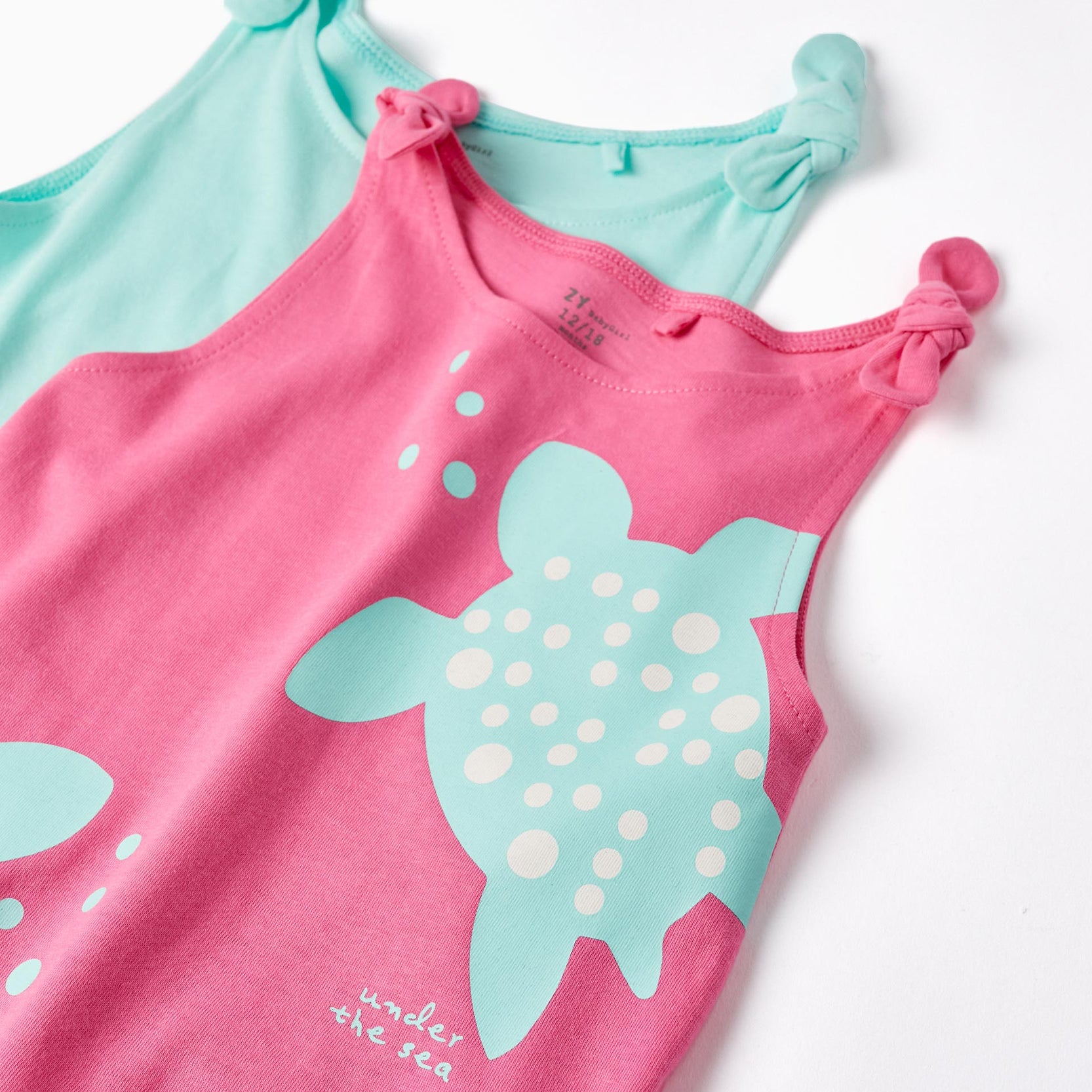 Pack of 2 Cotton Tops for Baby Girls 'Turtle', Pink/Aqua Green