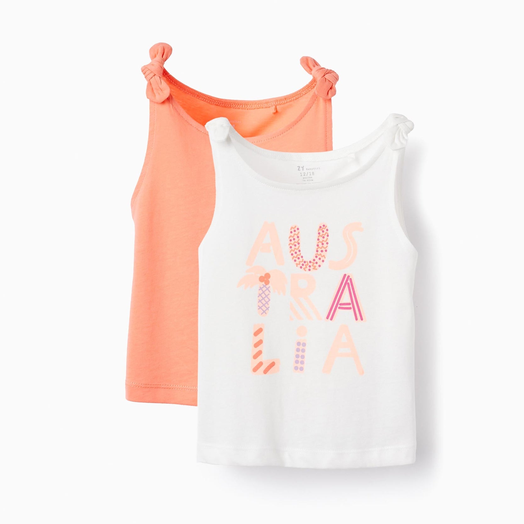 2 Cotton Tops for Baby Girls 'Australia', White/Coral