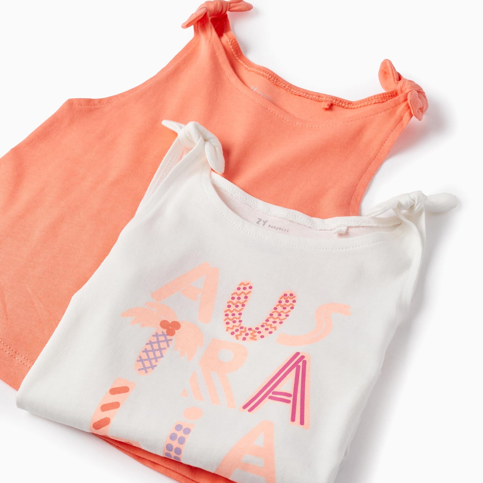 2 Cotton Tops for Baby Girls 'Australia', White/Coral