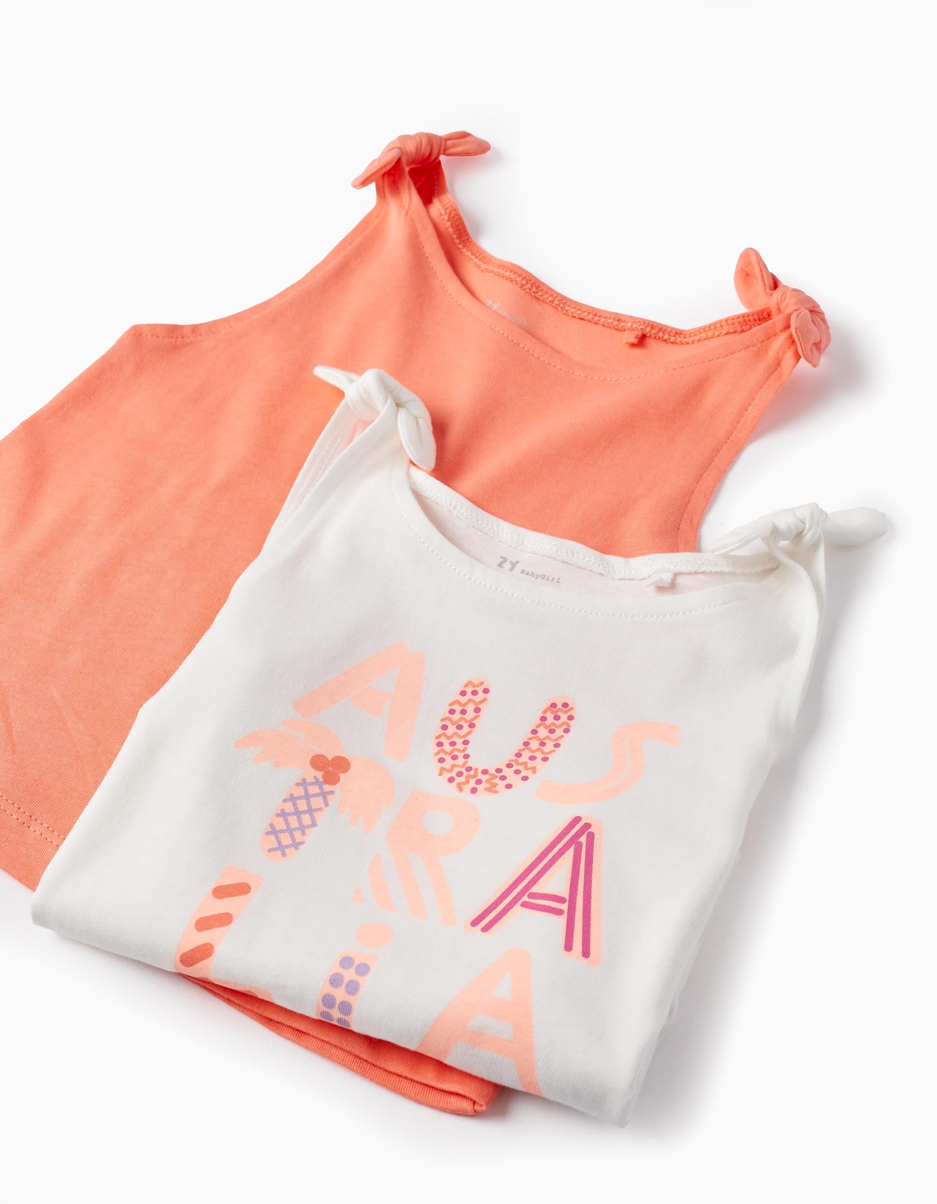 2 Cotton Tops for Baby Girls 'Australia', White/Coral