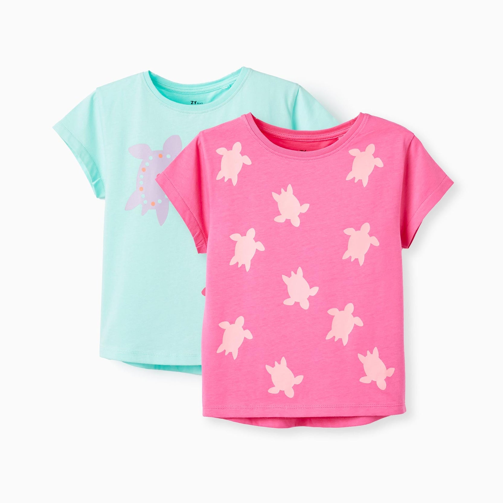 2 Cotton T-shirts for Girls 'Turtle', Pink/Water Green