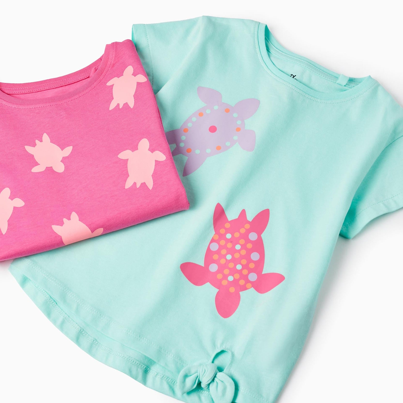 2 Cotton T-shirts for Girls 'Turtle', Pink/Water Green