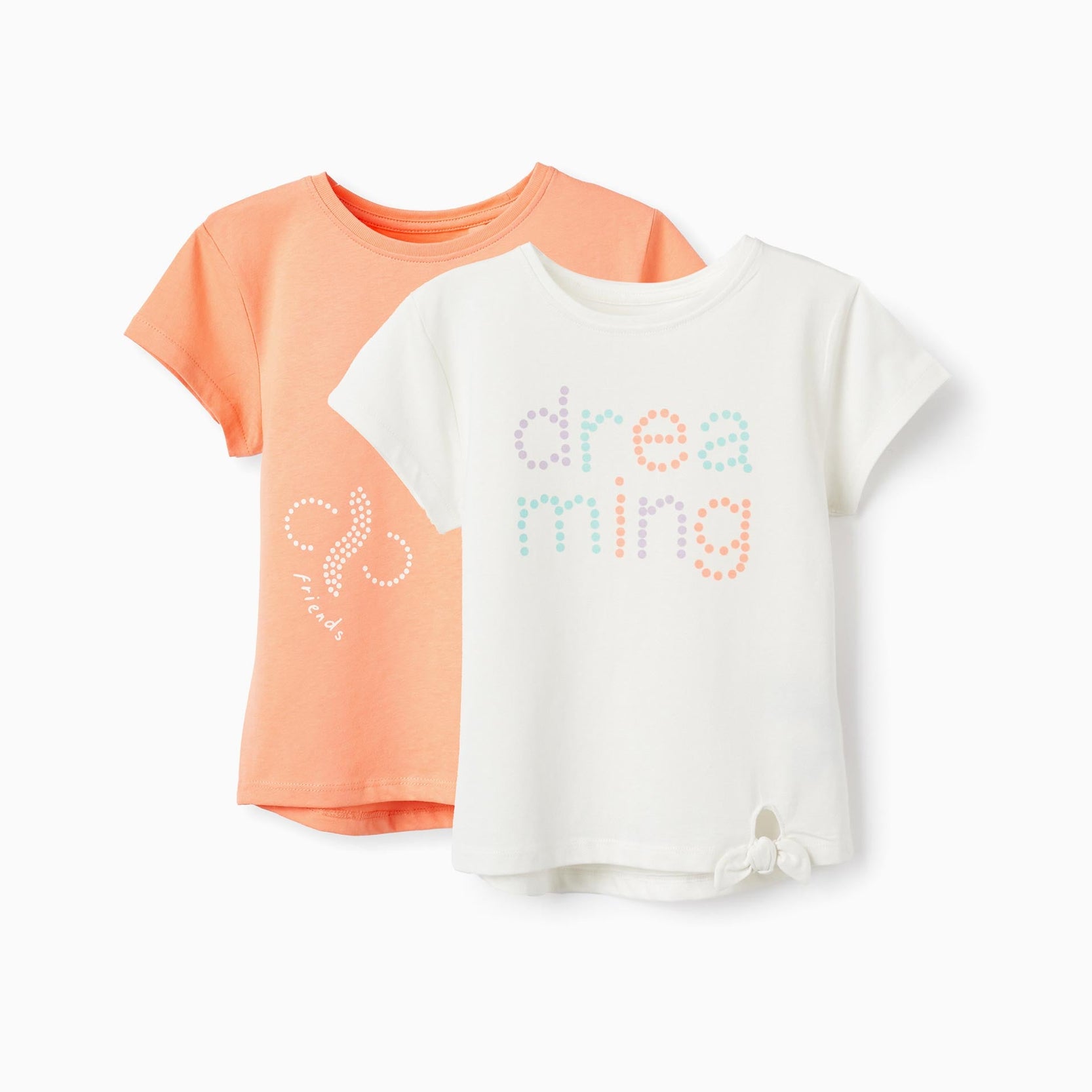 2 Cotton T-shirts for Girls 'Dreaming', White/Coral