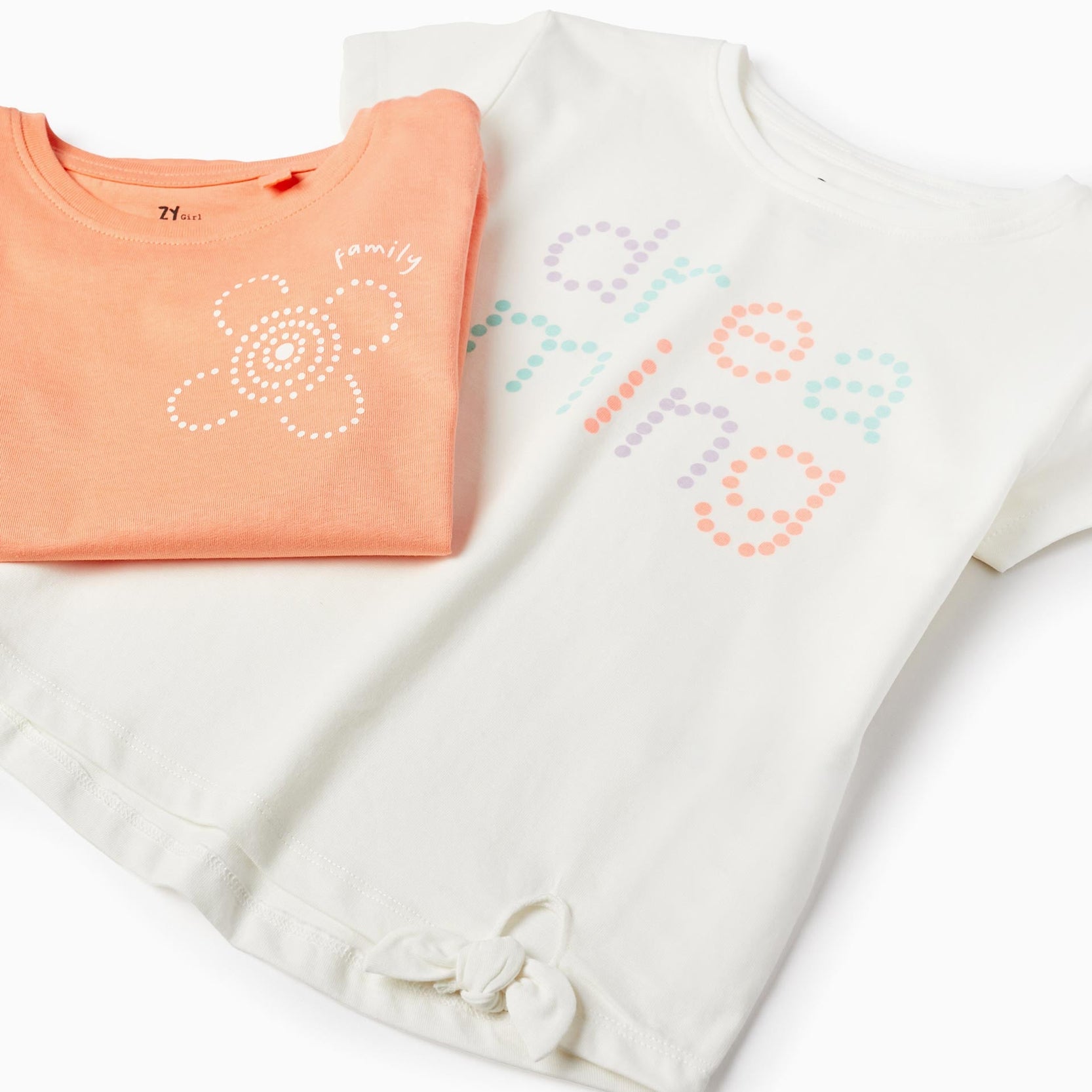 2 Cotton T-shirts for Girls 'Dreaming', White/Coral