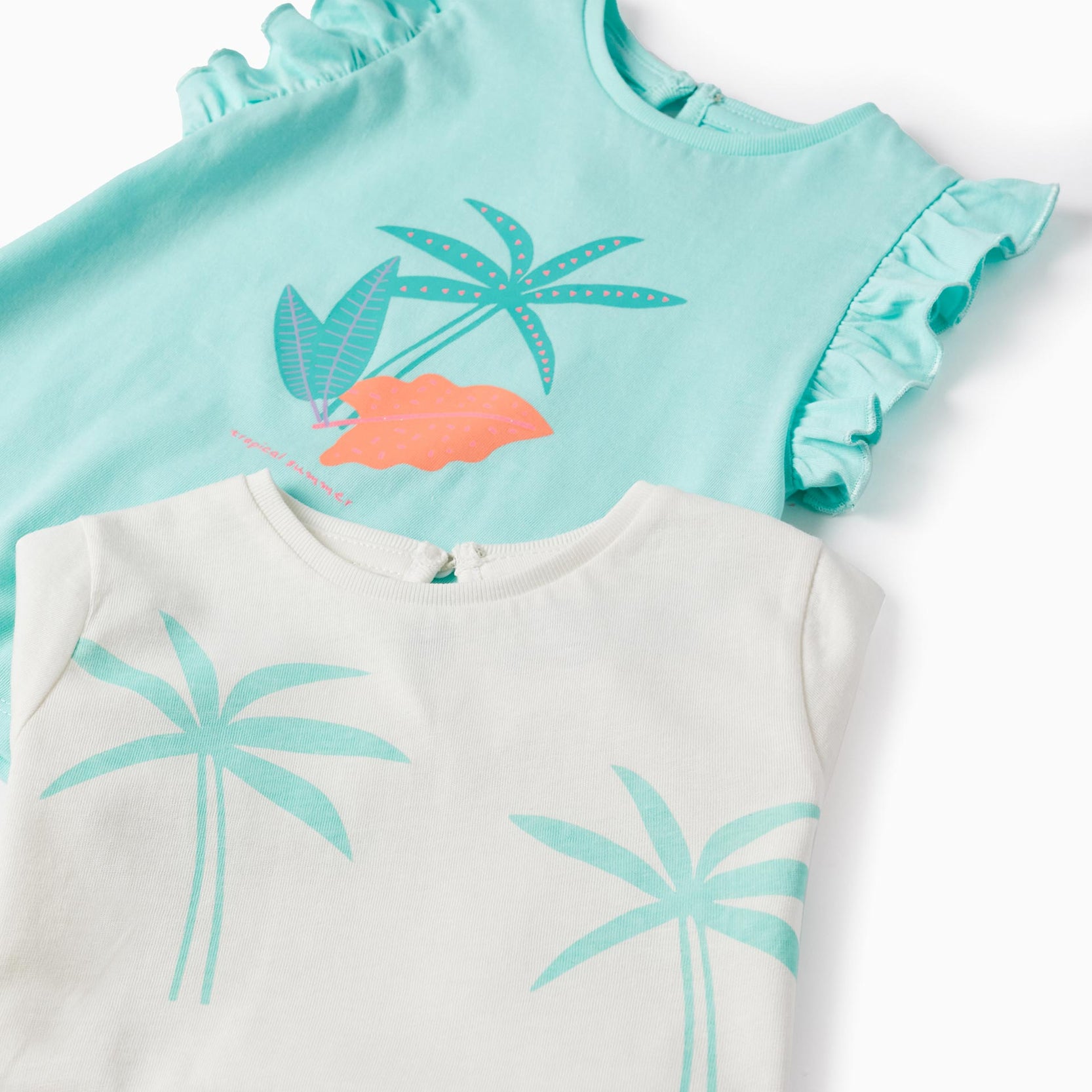 2 Cotton T-shirts for Baby Girls 'Palm Trees', White/Light Green