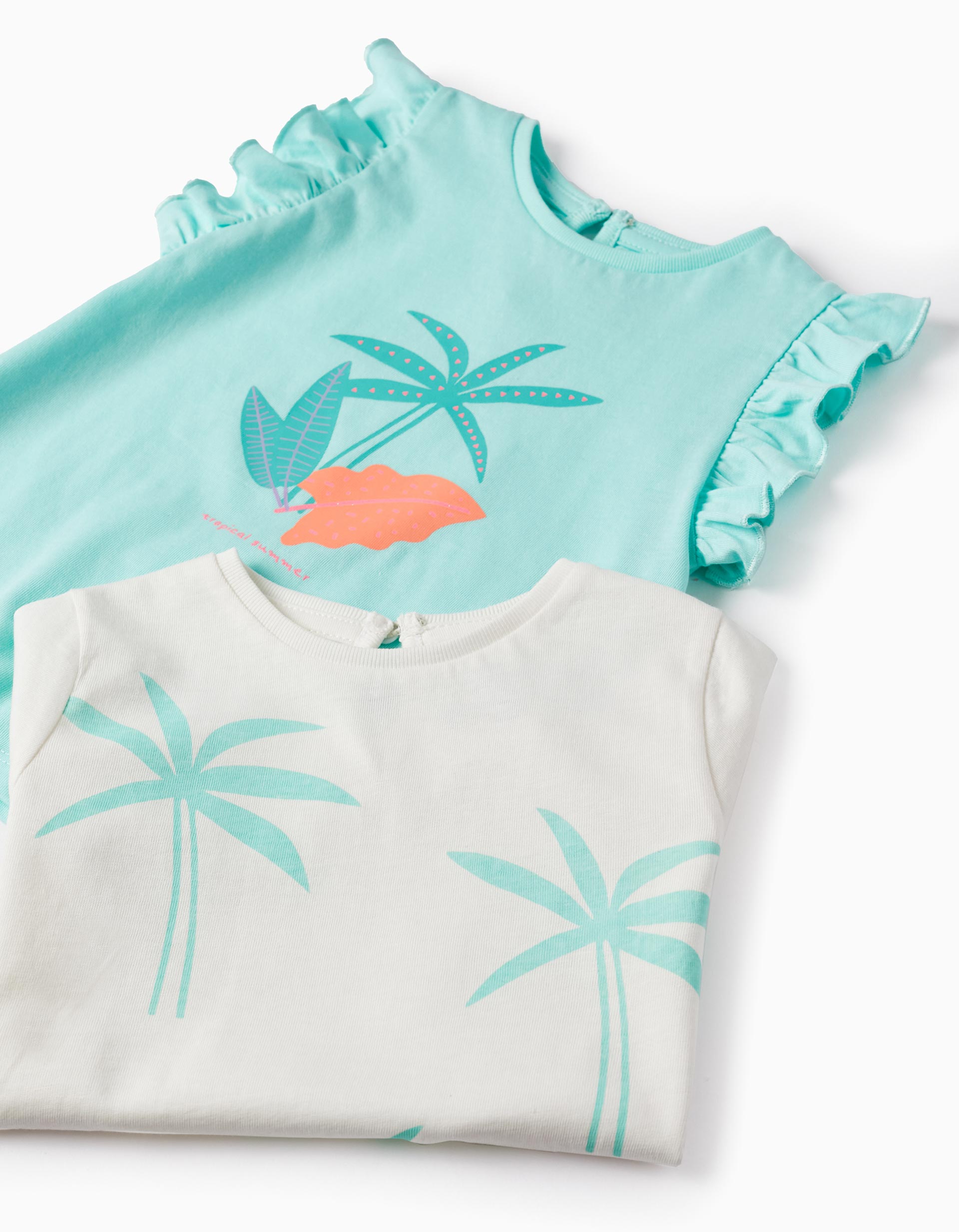 2 Cotton T-shirts for Baby Girls 'Palm Trees', White/Light Green