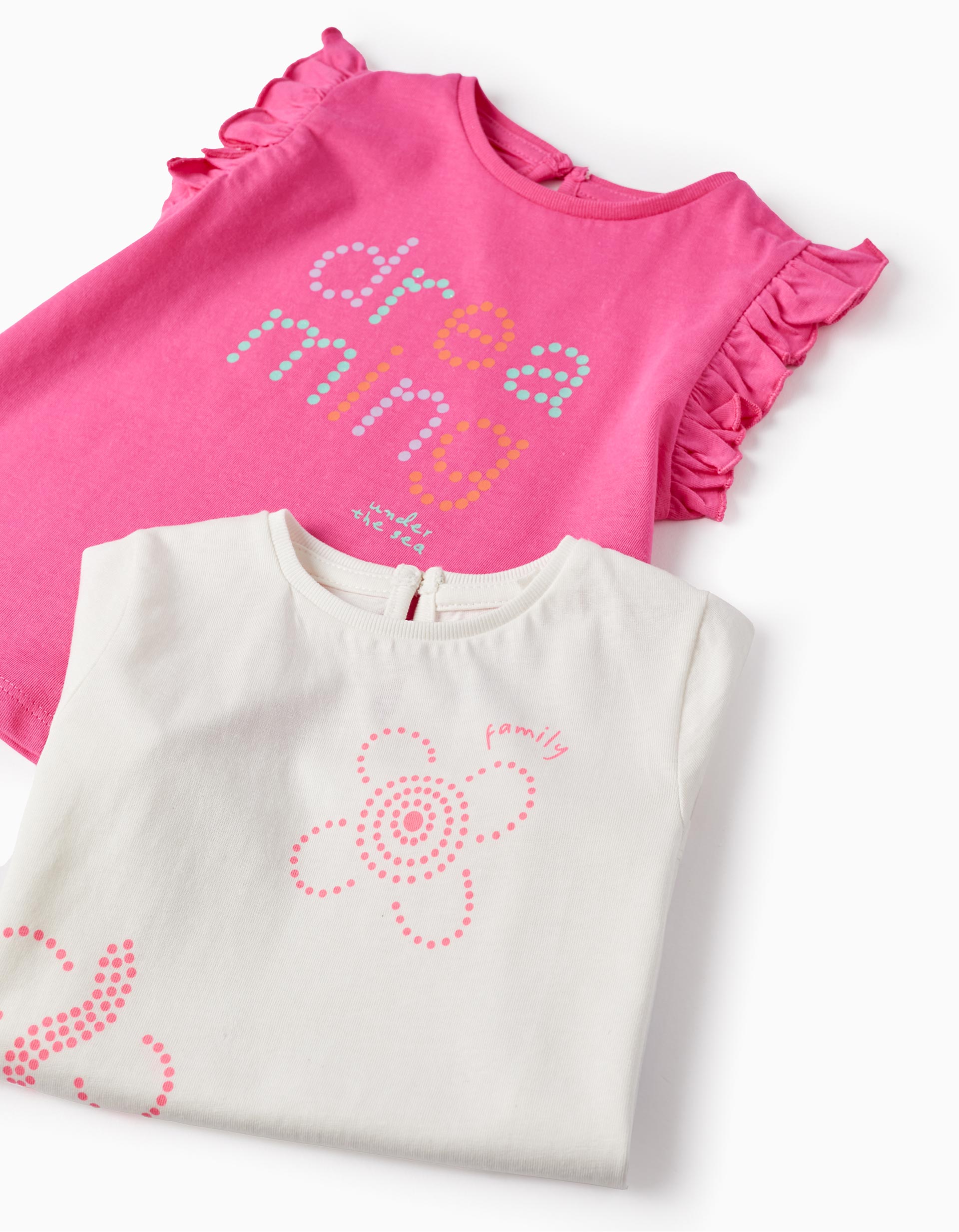 2 Cotton T-shirts for Baby Girls 'Dreaming', White/Pink