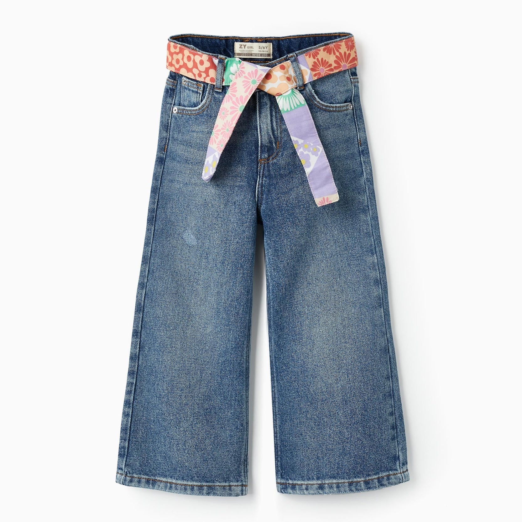 Cotton Denim Trousers with Ribbon for Girls 'Wide Leg', Blue