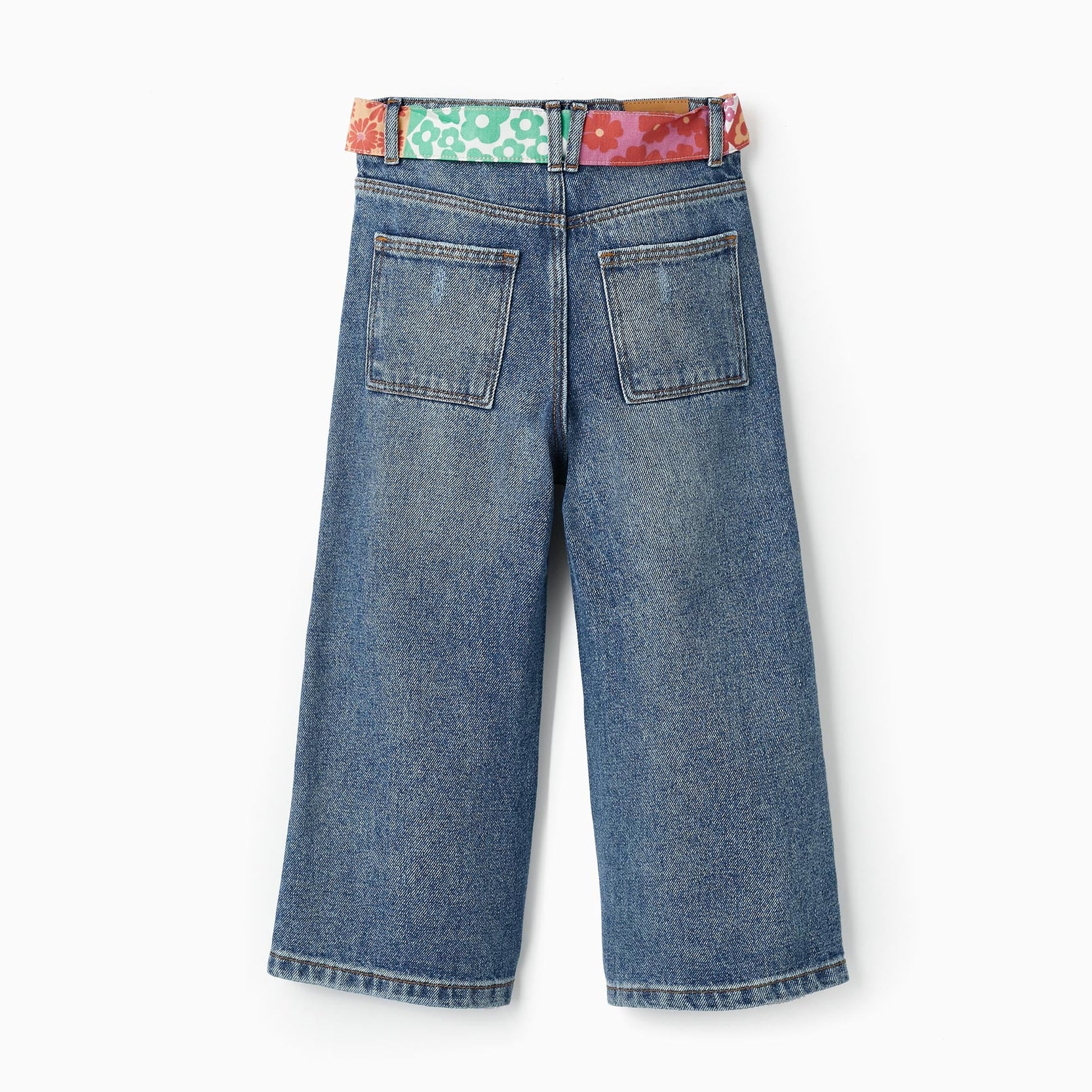 Cotton Denim Trousers with Ribbon for Girls 'Wide Leg', Blue