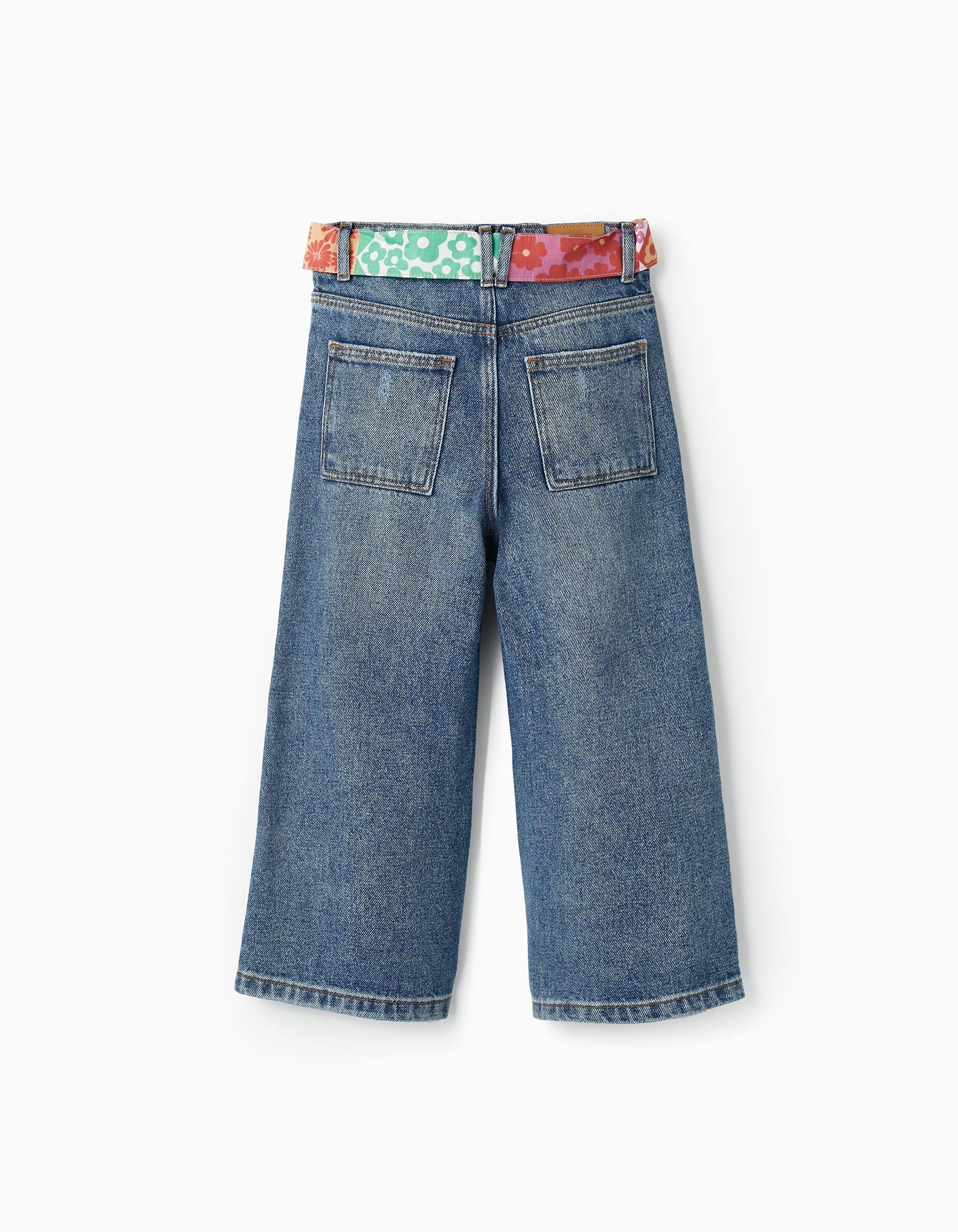 Cotton Denim Trousers with Ribbon for Girls 'Wide Leg', Blue