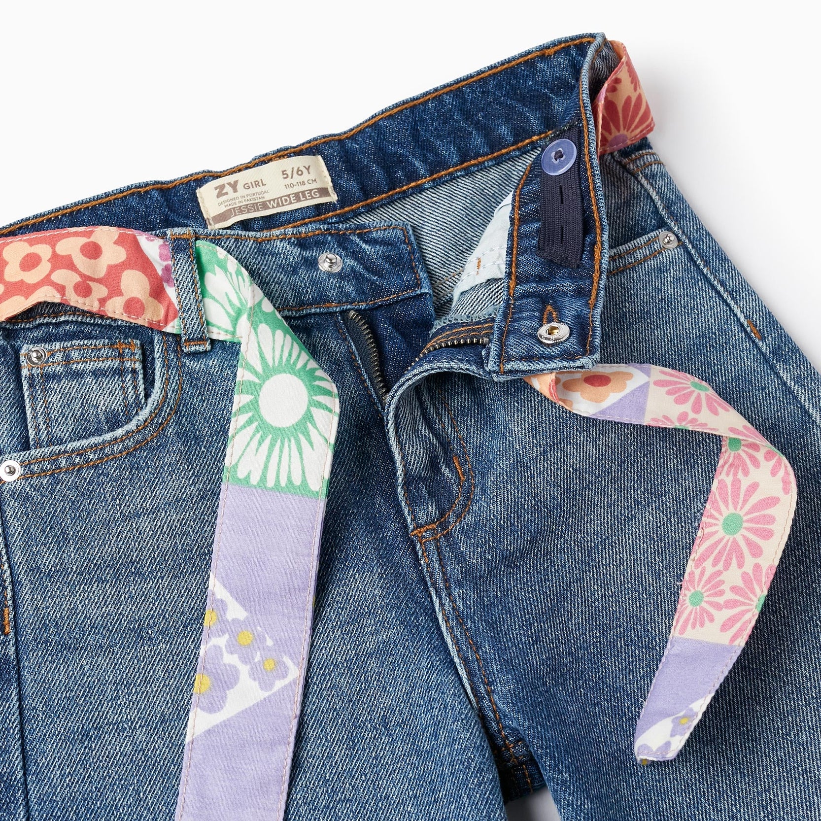 Cotton Denim Trousers with Ribbon for Girls 'Wide Leg', Blue