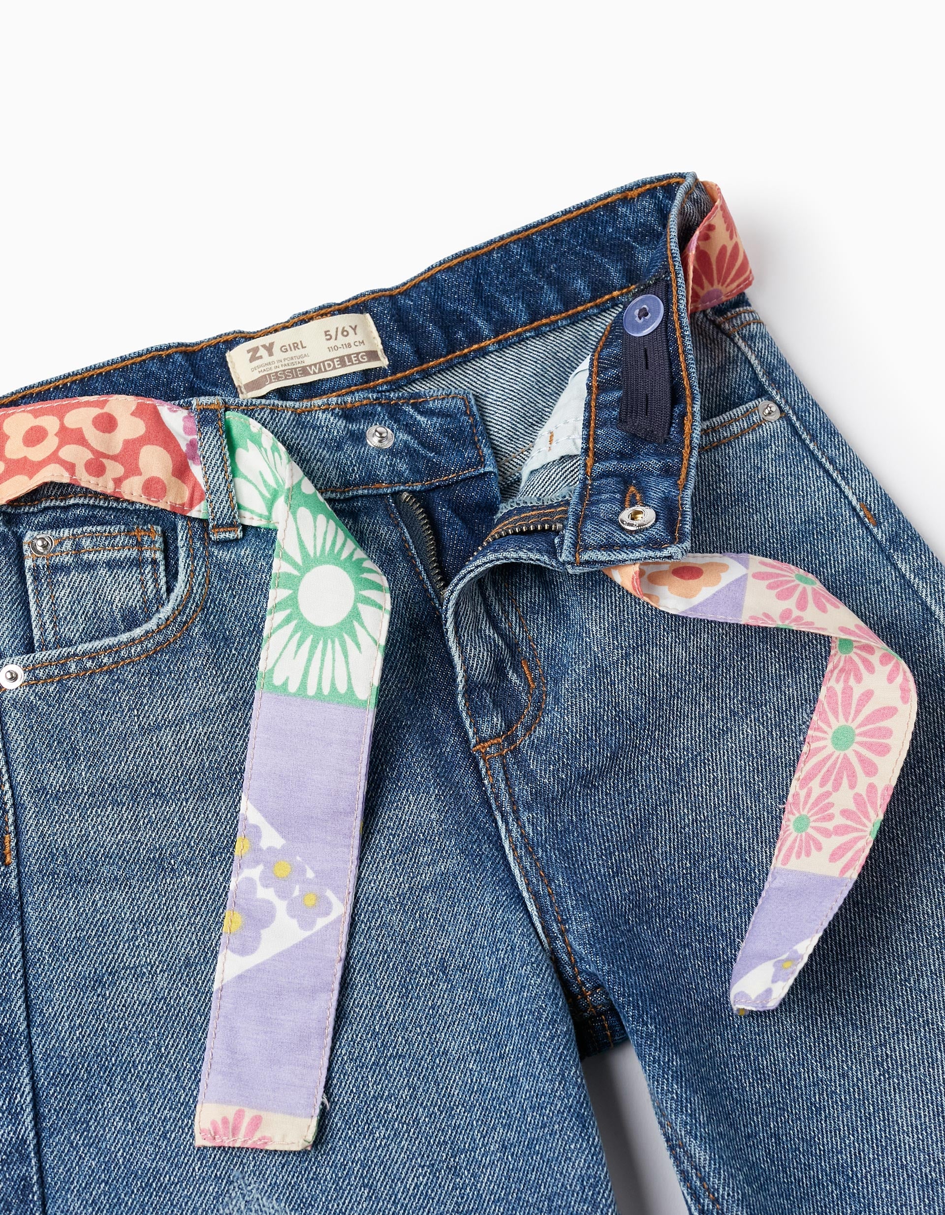 Cotton Denim Trousers with Ribbon for Girls 'Wide Leg', Blue