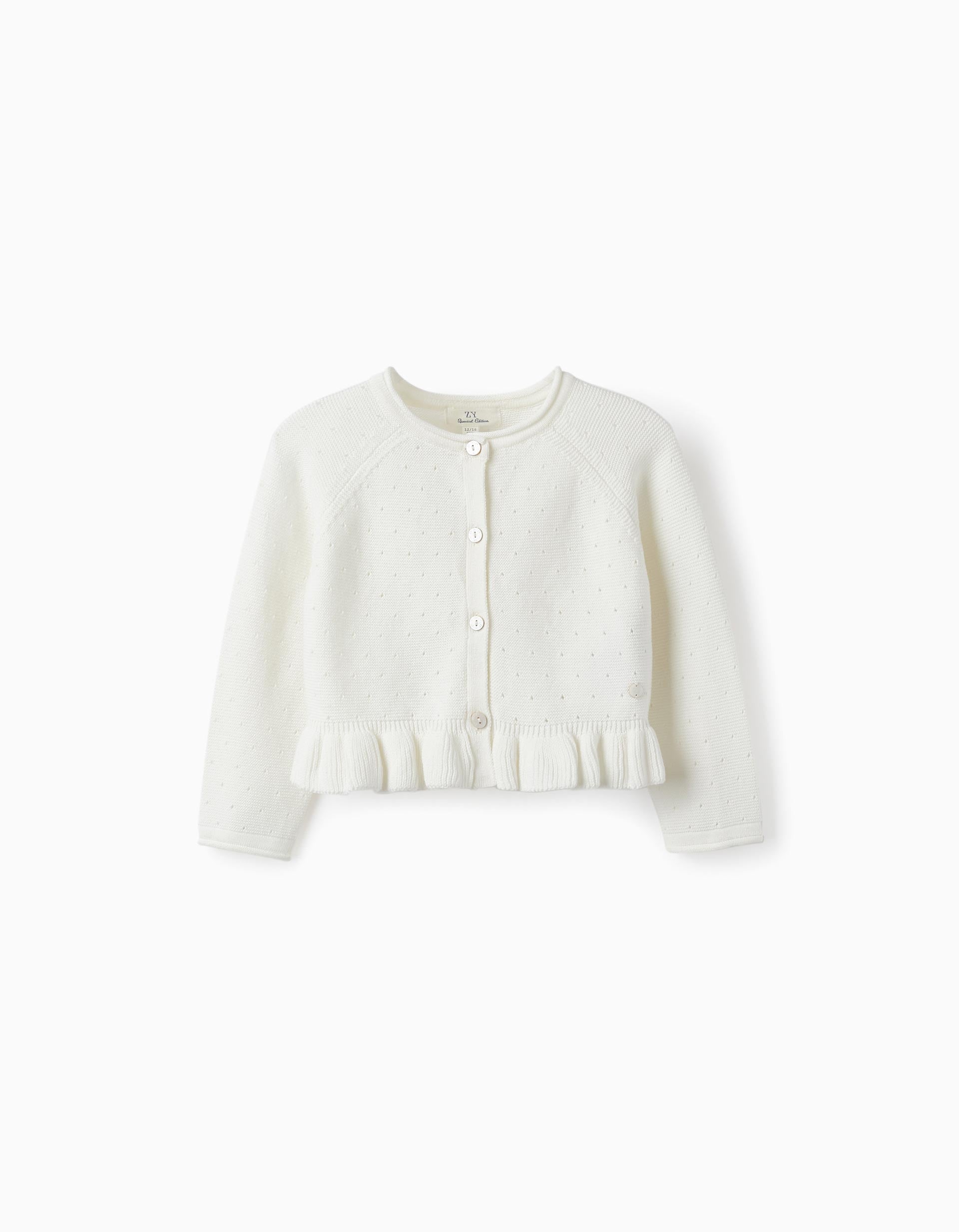 Knitted Bolero Jacket with Ruffle for Baby Girls, White