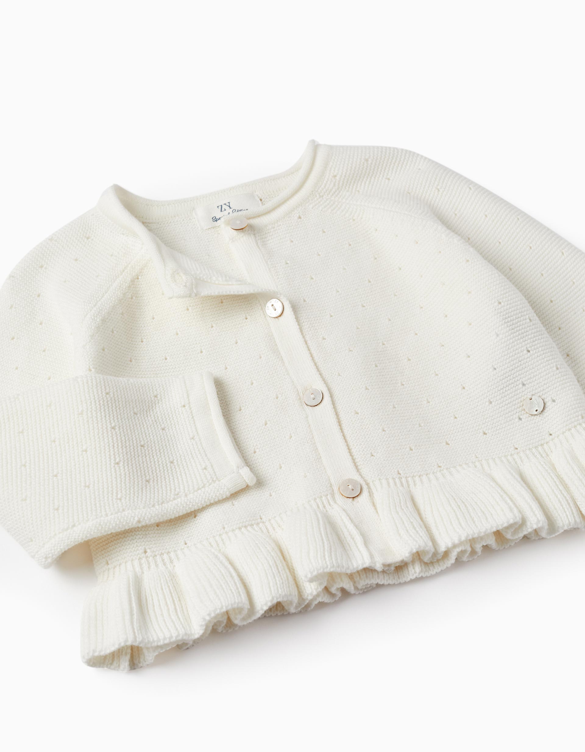 Knitted Bolero Jacket with Ruffle for Baby Girls, White