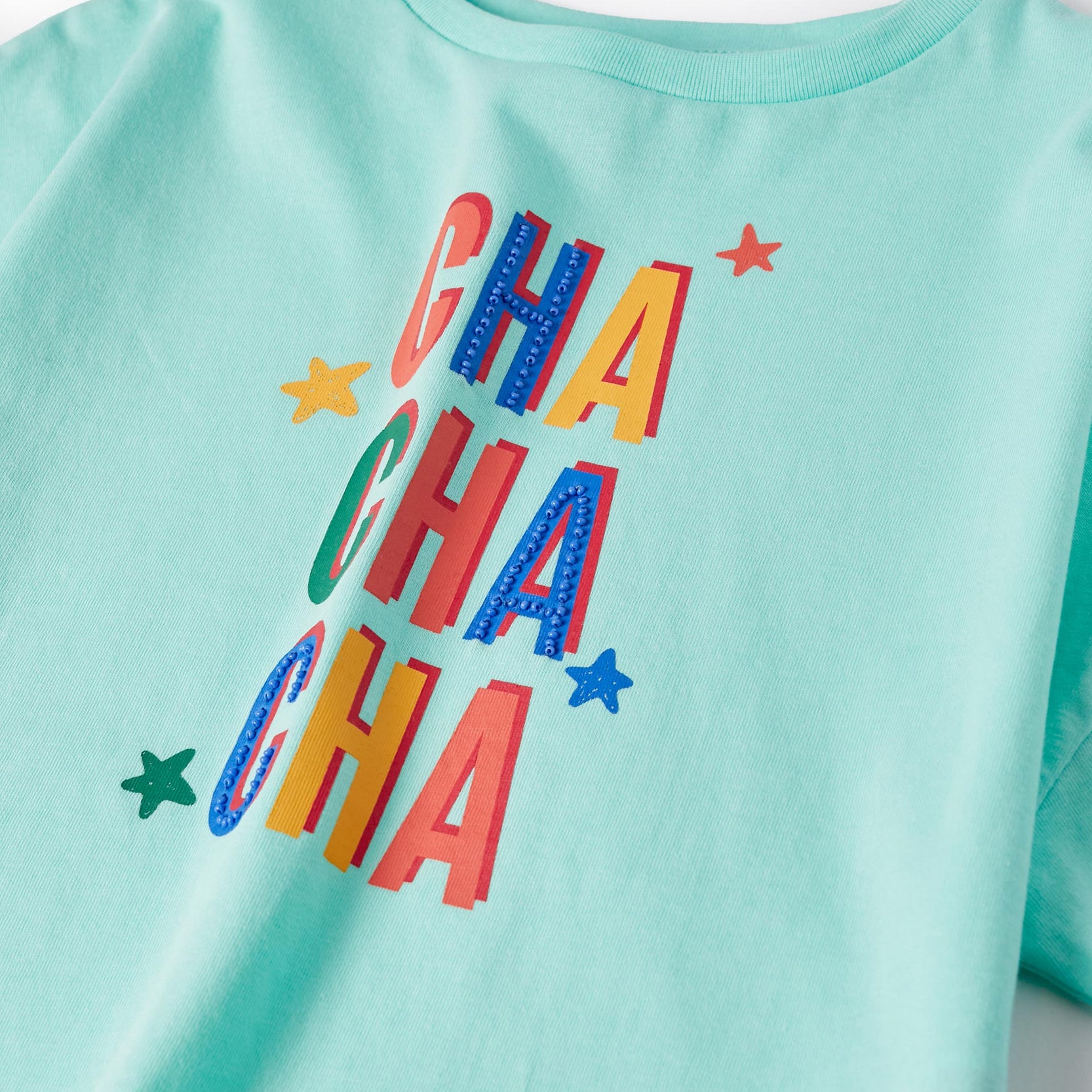 Cotton Crop T-shirt for Girls 'Cha Cha Cha', Aqua Green