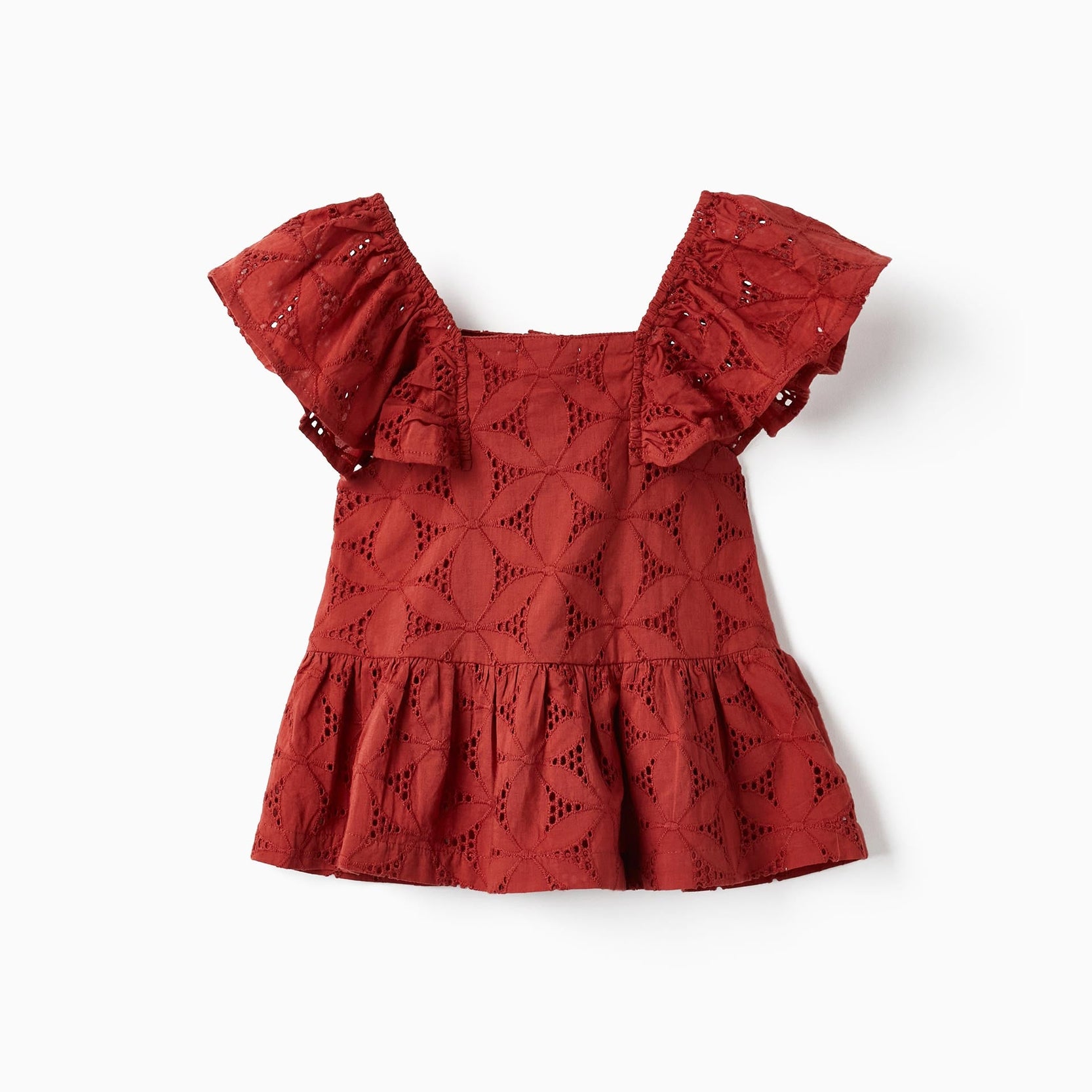 Short-sleeved Blouse with Embroidery for Girls, Dark Red