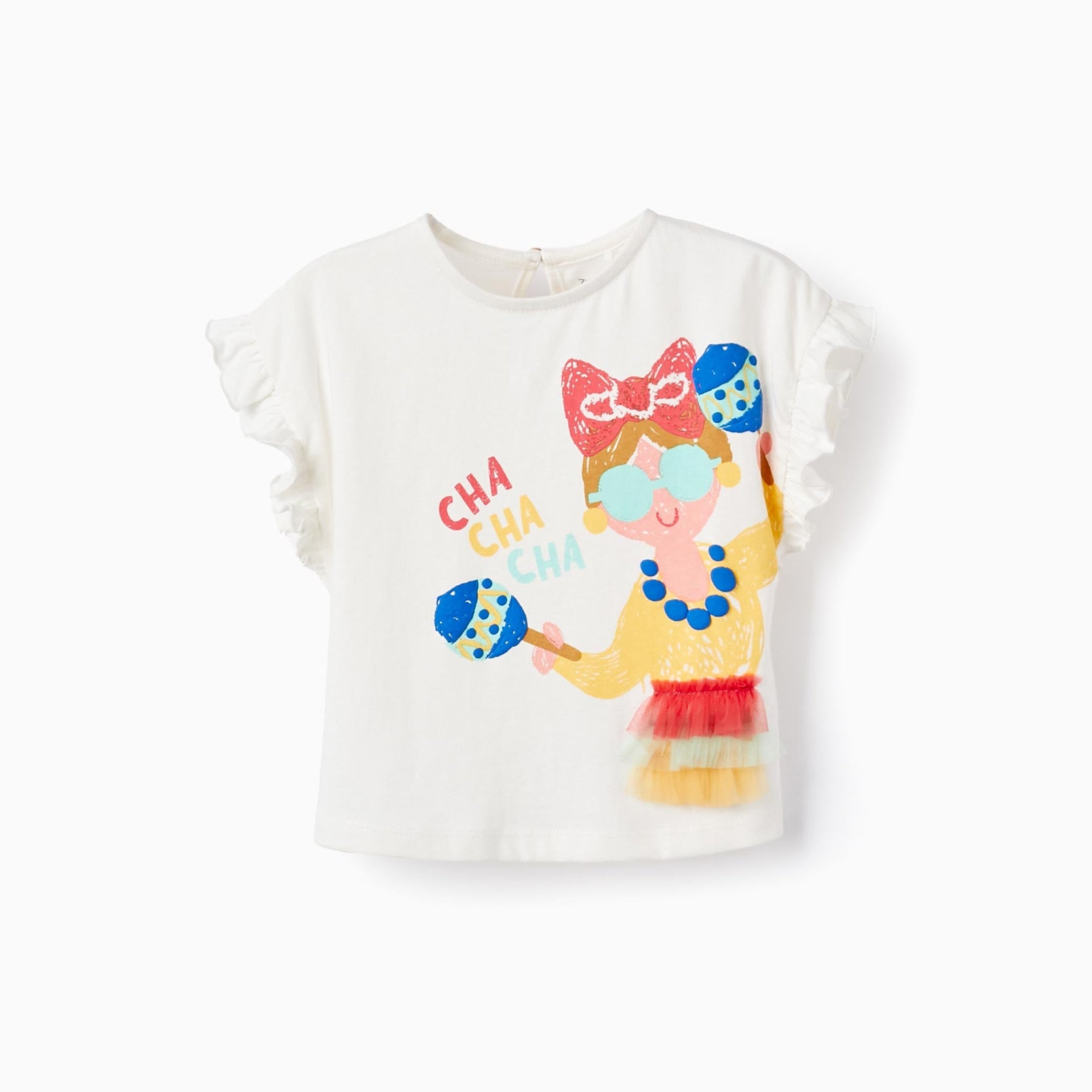 Cotton T-shirt with Ruffles for Baby Girls 'Cha Cha Cha', White