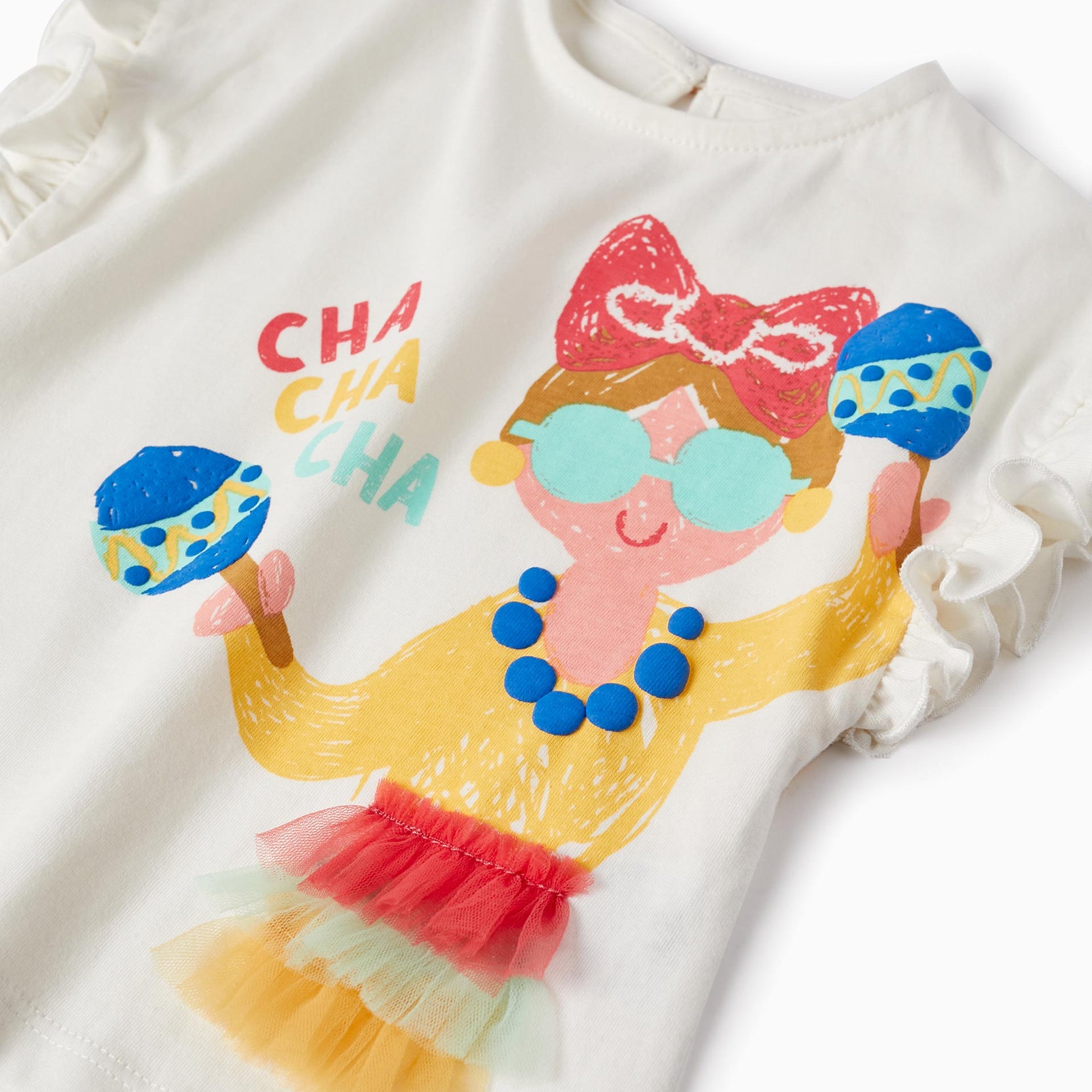 Cotton T-shirt with Ruffles for Baby Girls 'Cha Cha Cha', White