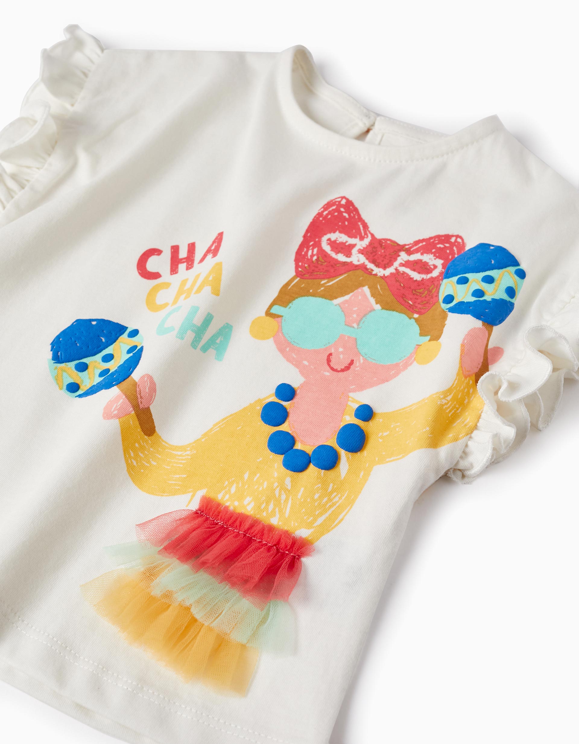 Cotton T-shirt with Ruffles for Baby Girls 'Cha Cha Cha', White