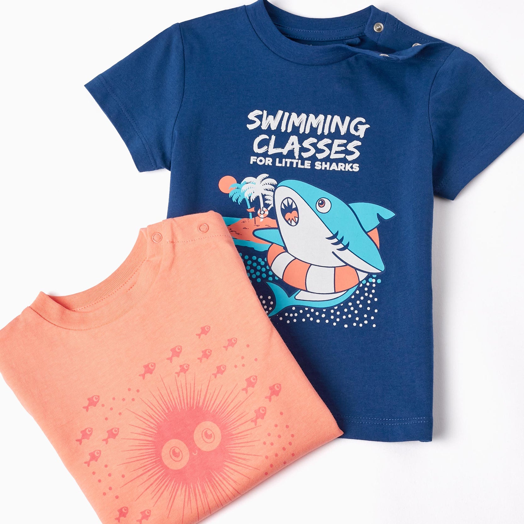 2 Cotton T-shirts for Baby Boys 'Shark', Coral/Blue