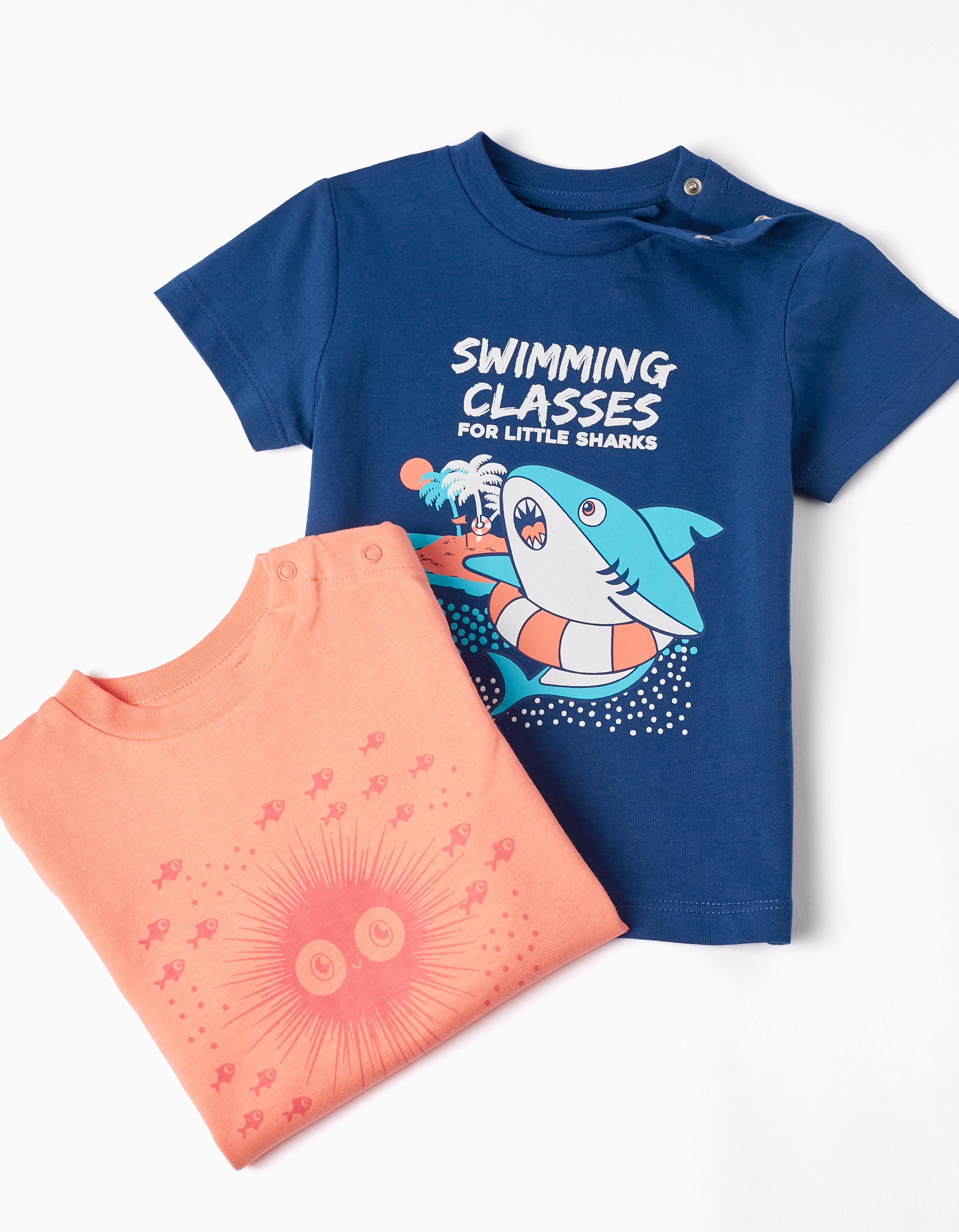 2 Cotton T-shirts for Baby Boys 'Shark', Coral/Blue