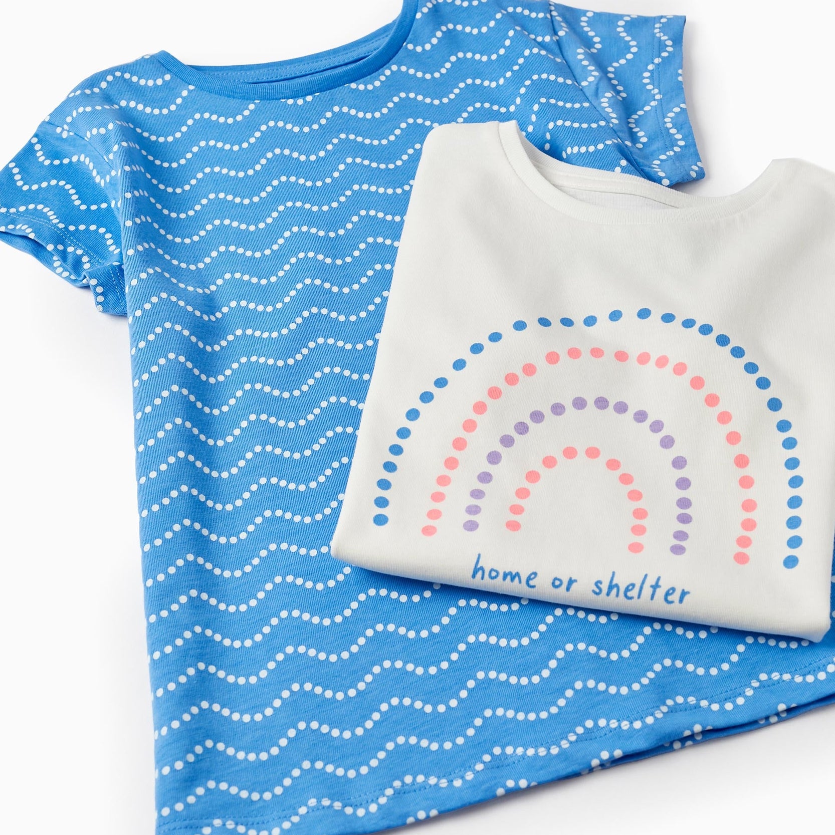 Pack of 2 Cotton T-shirts for Girls 'Polka Dots', White/Blue