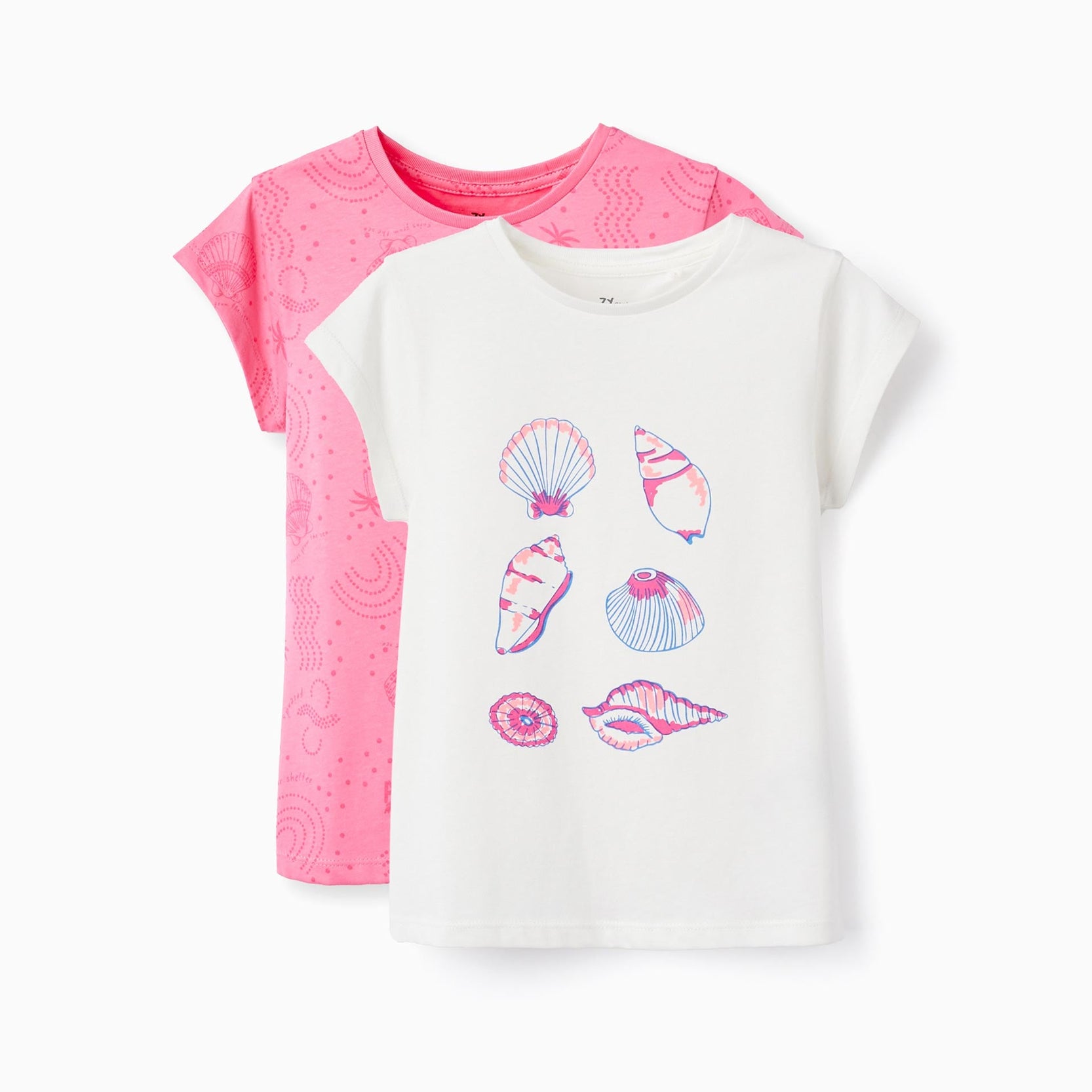 2 Cotton T-shirts for Girls 'Seashells', White/Pink