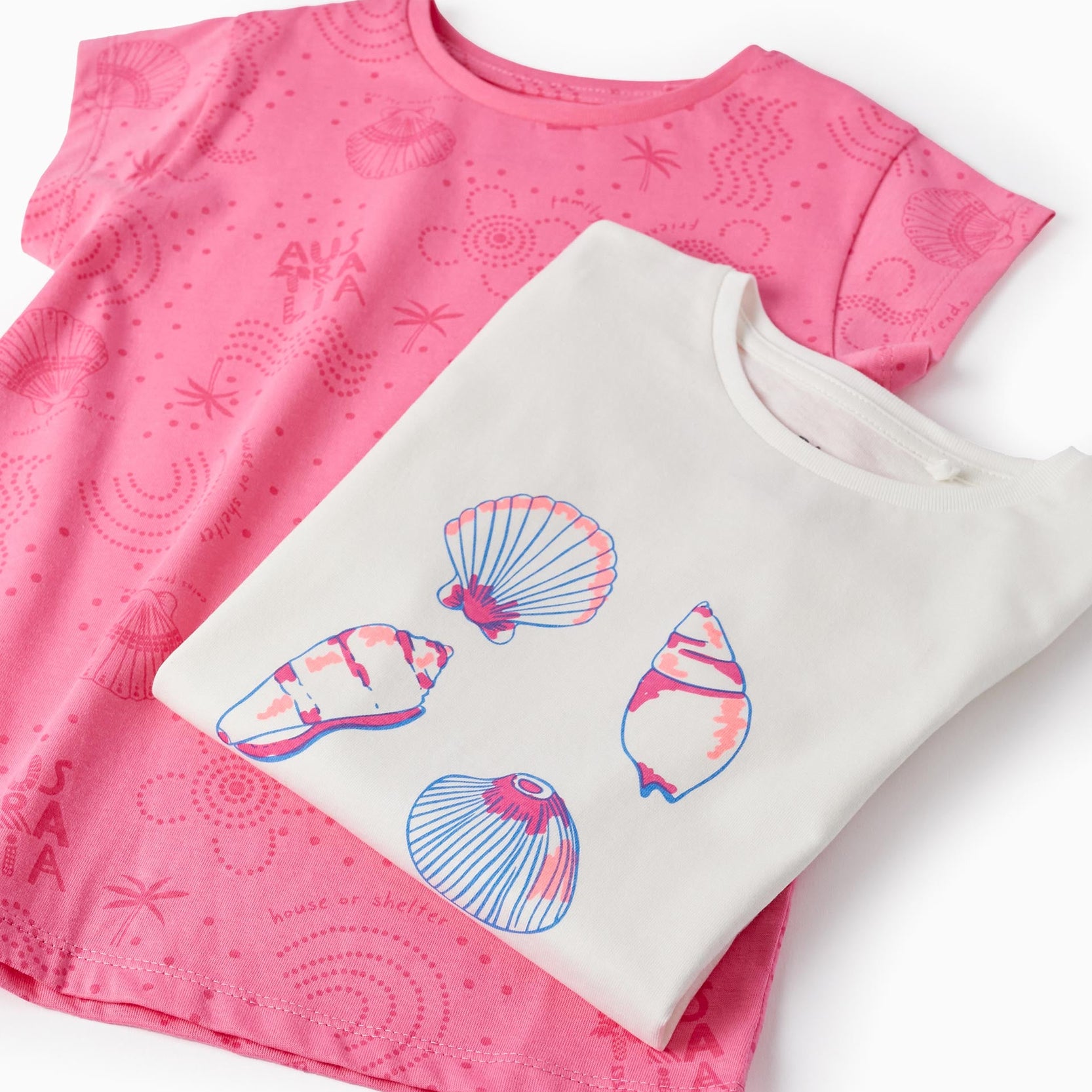 2 Cotton T-shirts for Girls 'Seashells', White/Pink