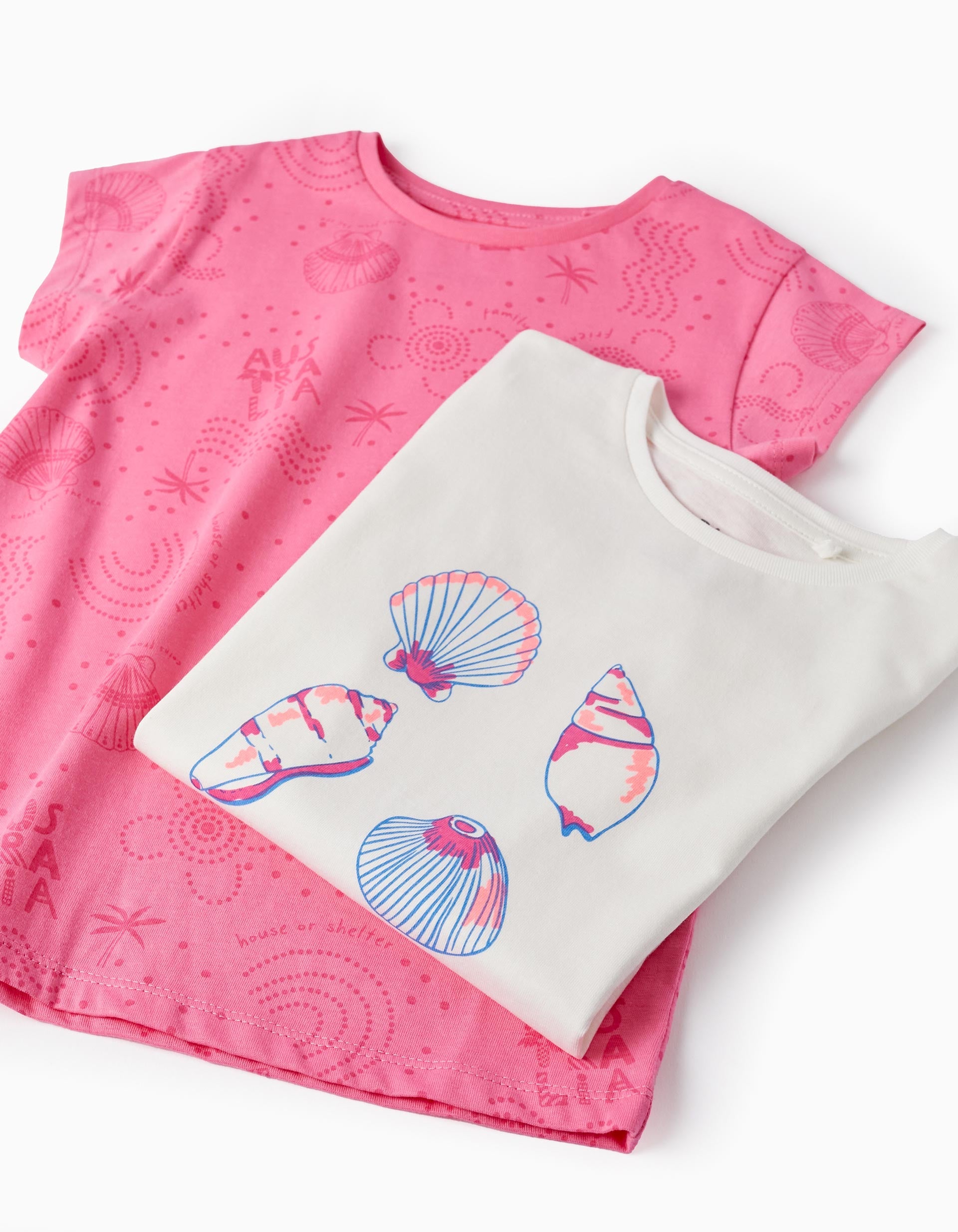 2 Cotton T-shirts for Girls 'Seashells', White/Pink