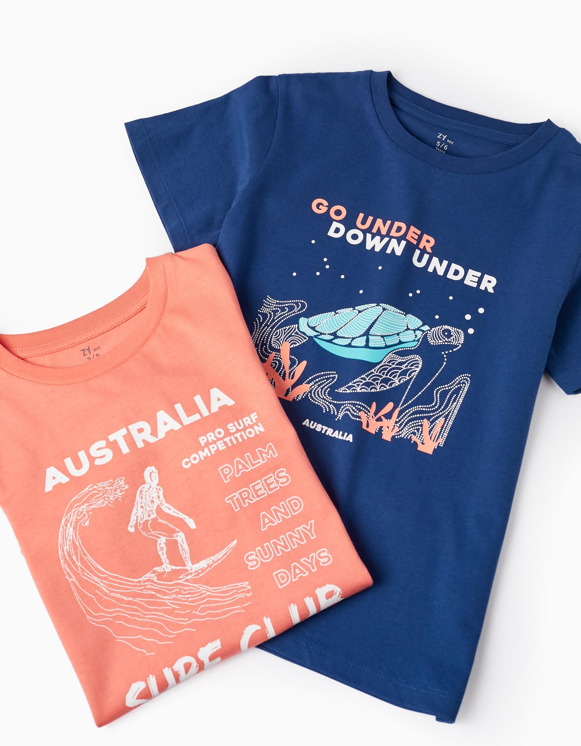 2 Cotton T-shirts for Boys 'Surf Club', Coral/Dark Blue