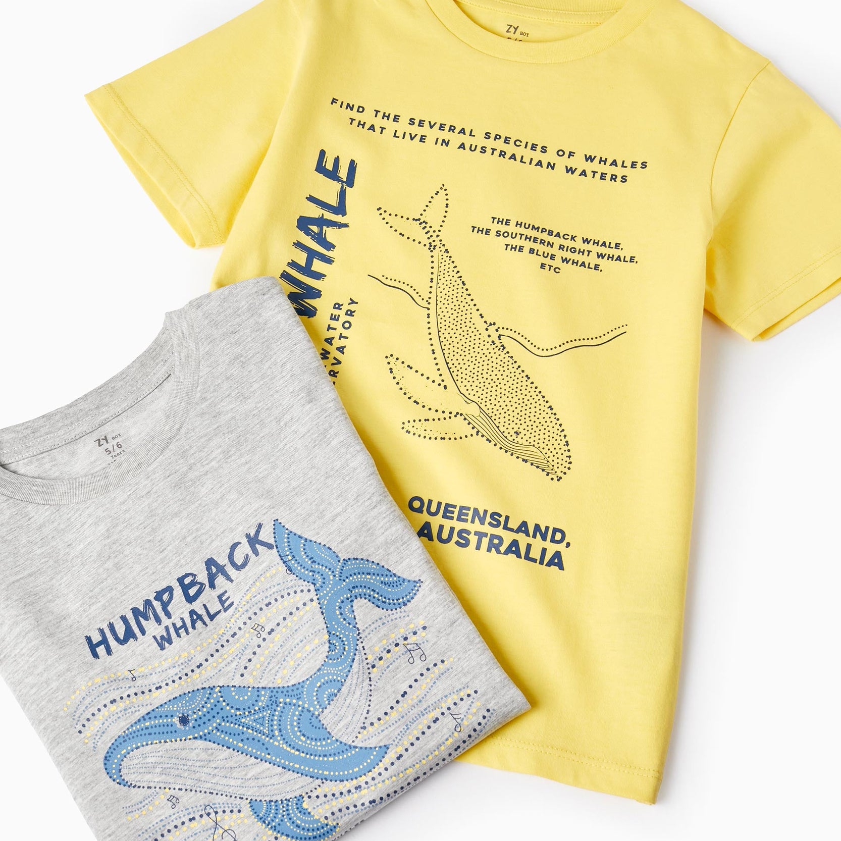 2 Cotton T-shirts for Boys 'Blue Whale', Grey/Yellow