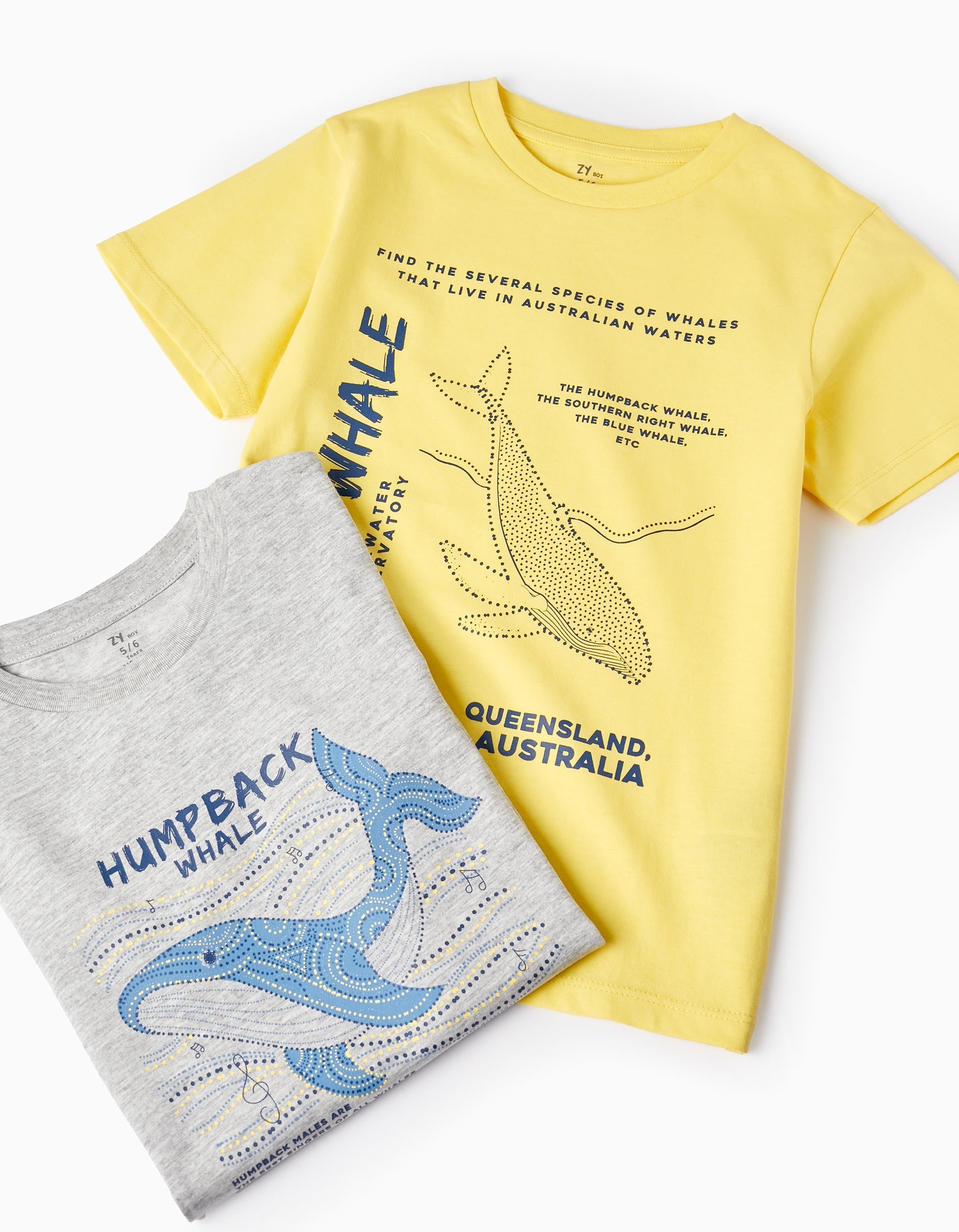 2 Cotton T-shirts for Boys 'Blue Whale', Grey/Yellow