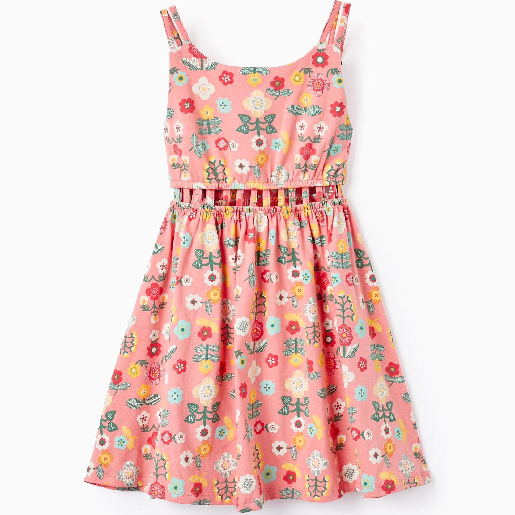 Floral Strappy Cotton Dress for Girls, Coral