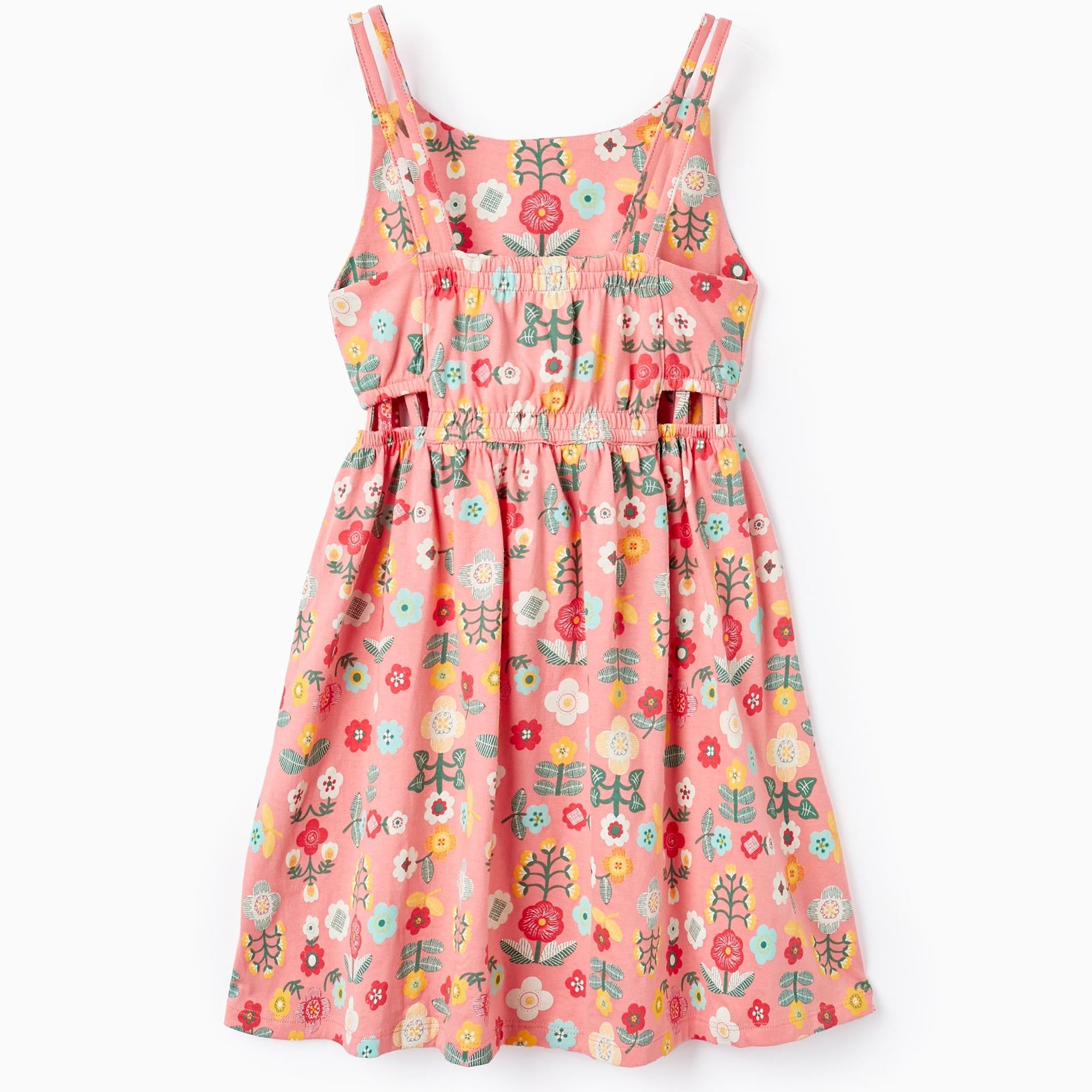 Floral Strappy Cotton Dress for Girls, Coral