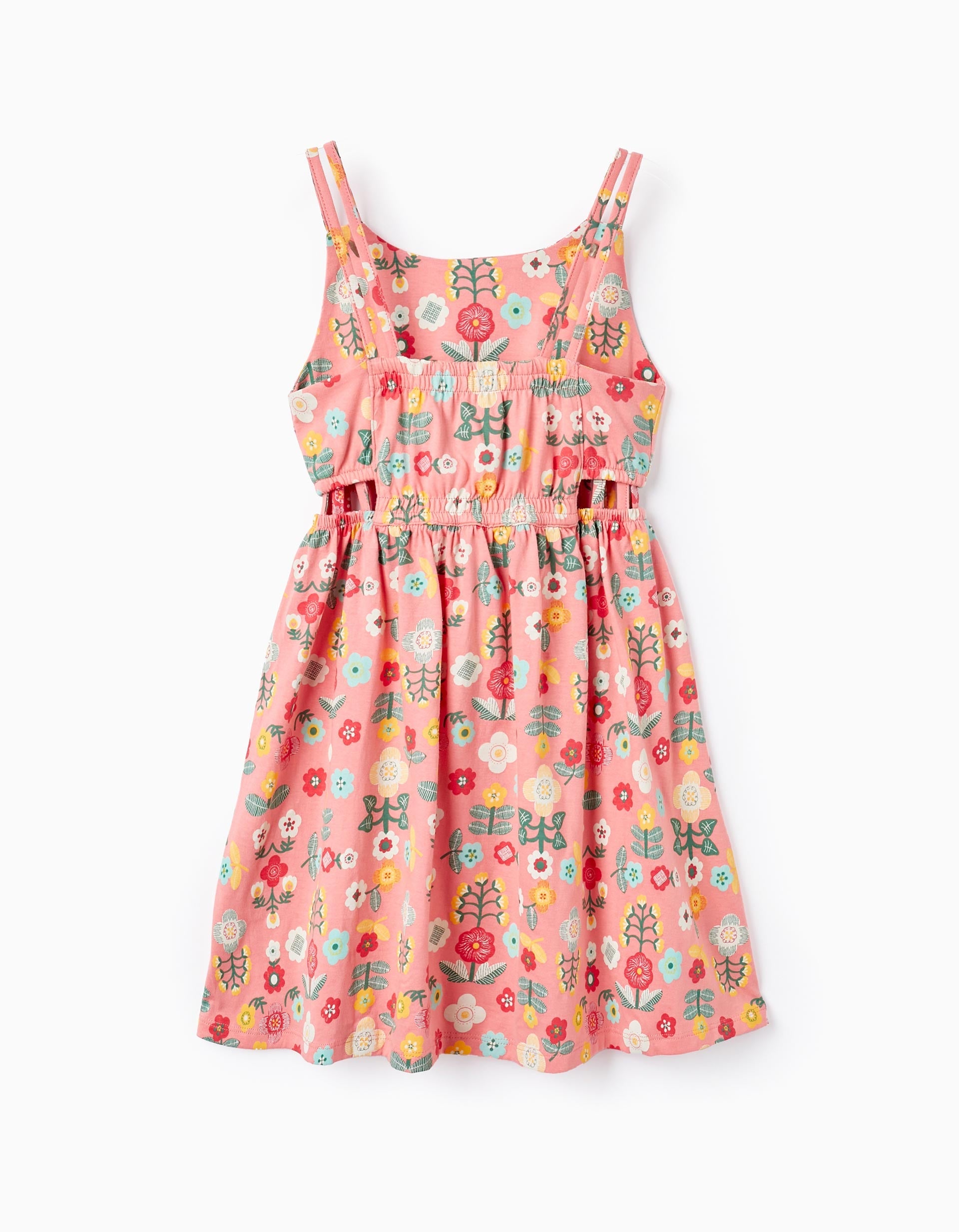 Floral Strappy Cotton Dress for Girls, Coral