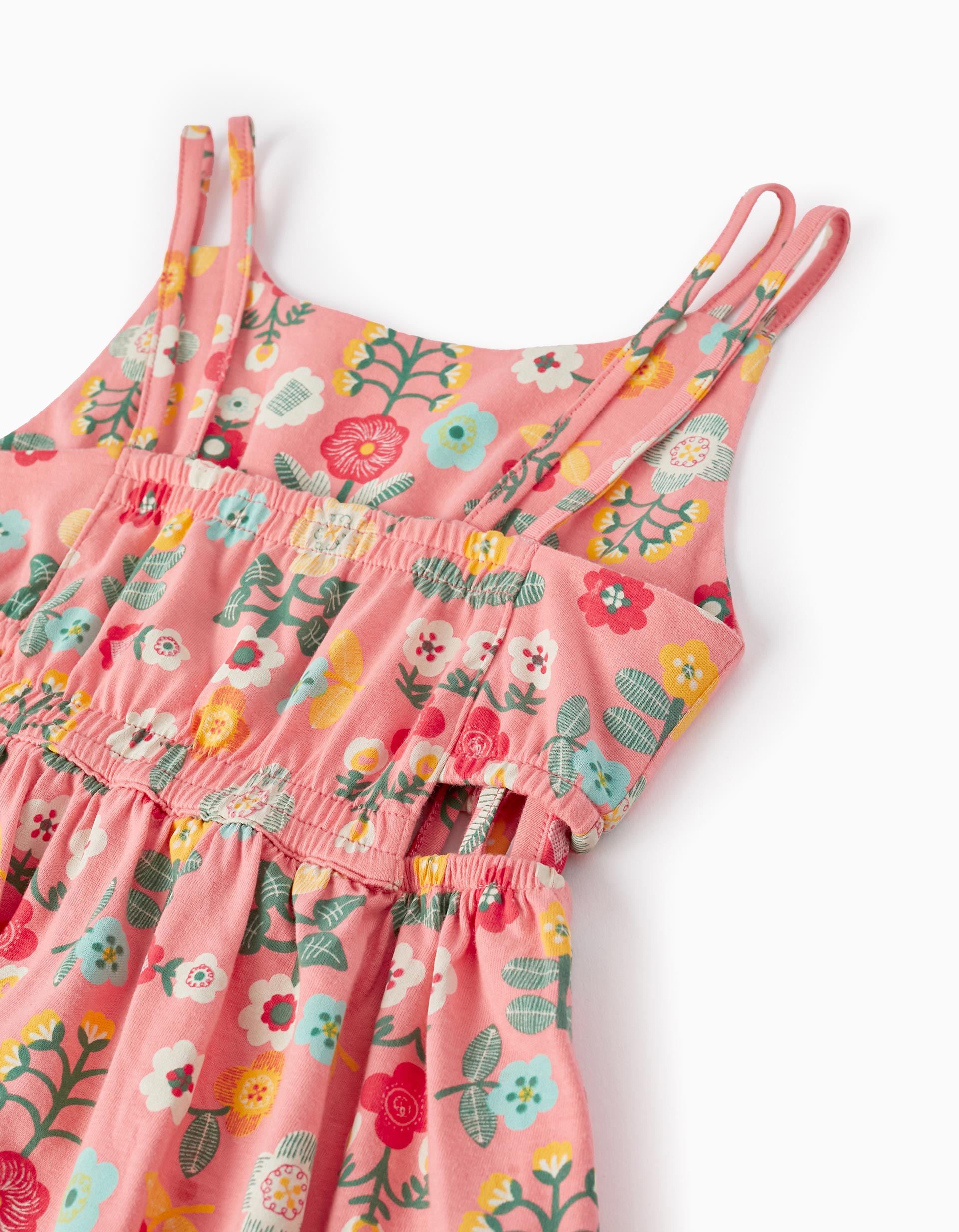 Floral Strappy Cotton Dress for Girls, Coral
